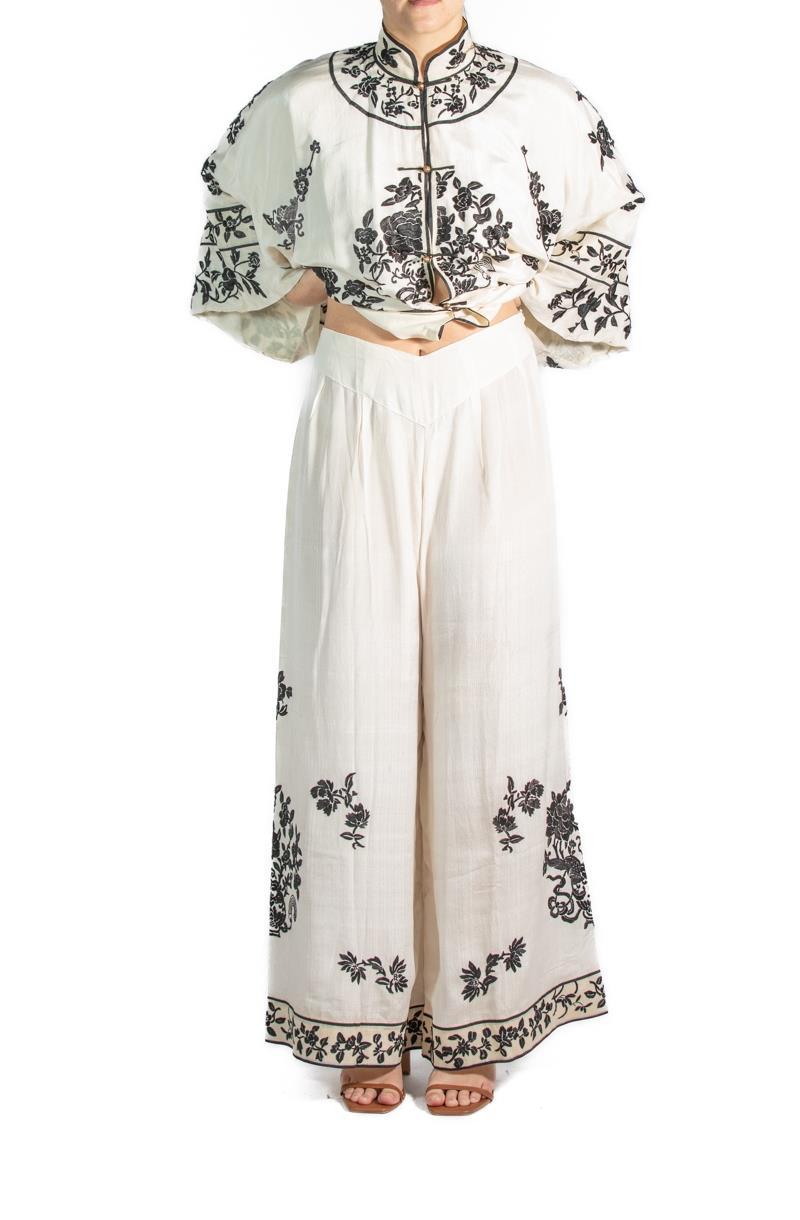 Black & White Silk Embroidered Pajamas For Sale 1