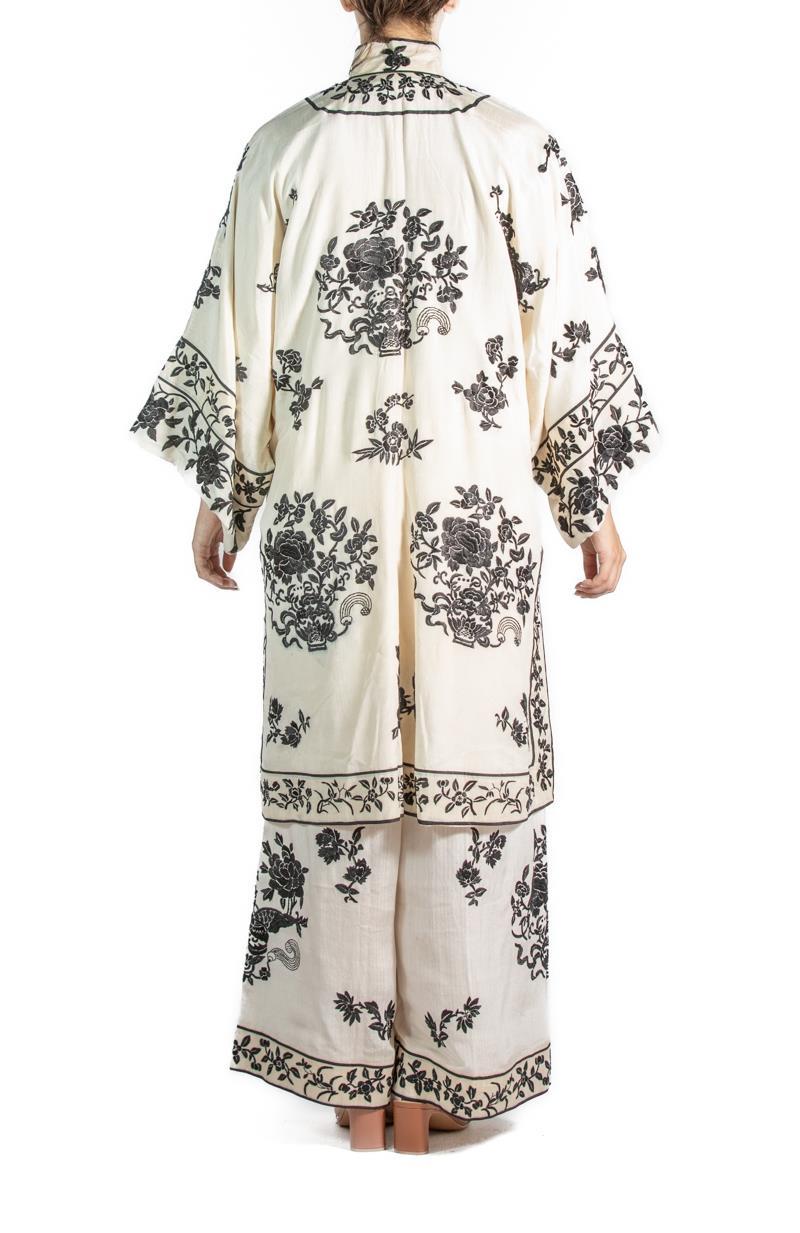Black & White Silk Embroidered Pajamas For Sale 3