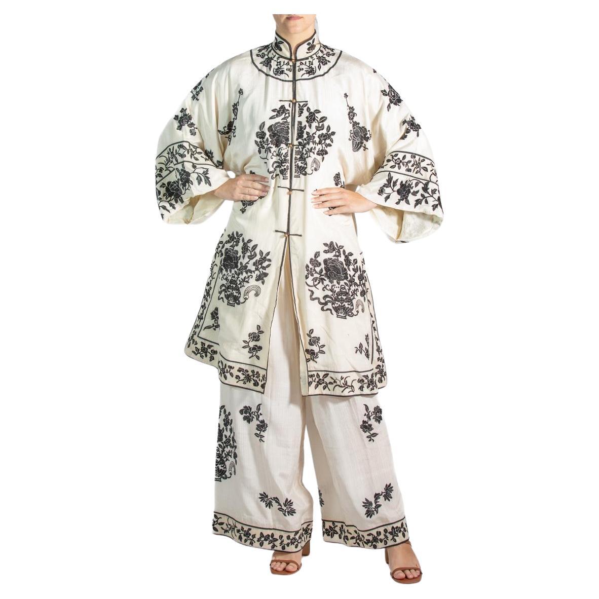 Black & White Silk Embroidered Pajamas For Sale