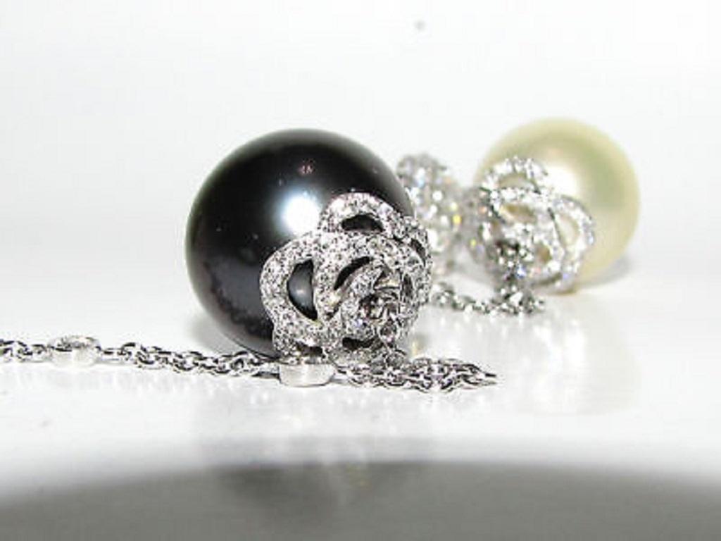 Women's or Men's Black White South Sea and Tahitian Pearl Diamond Earrings Cluster For Sale