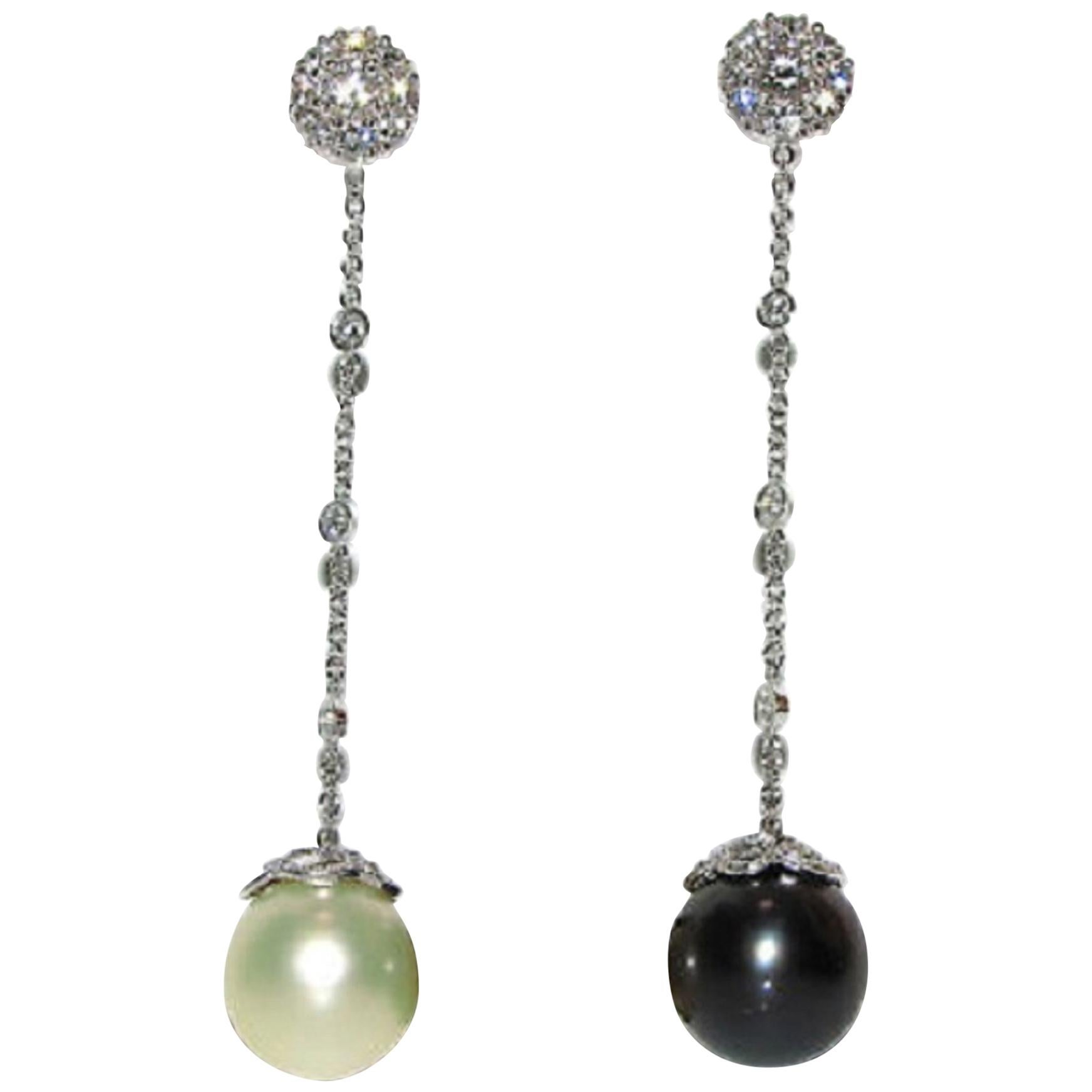 Black White South Sea and Tahitian Pearl Diamond Earrings Cluster For Sale