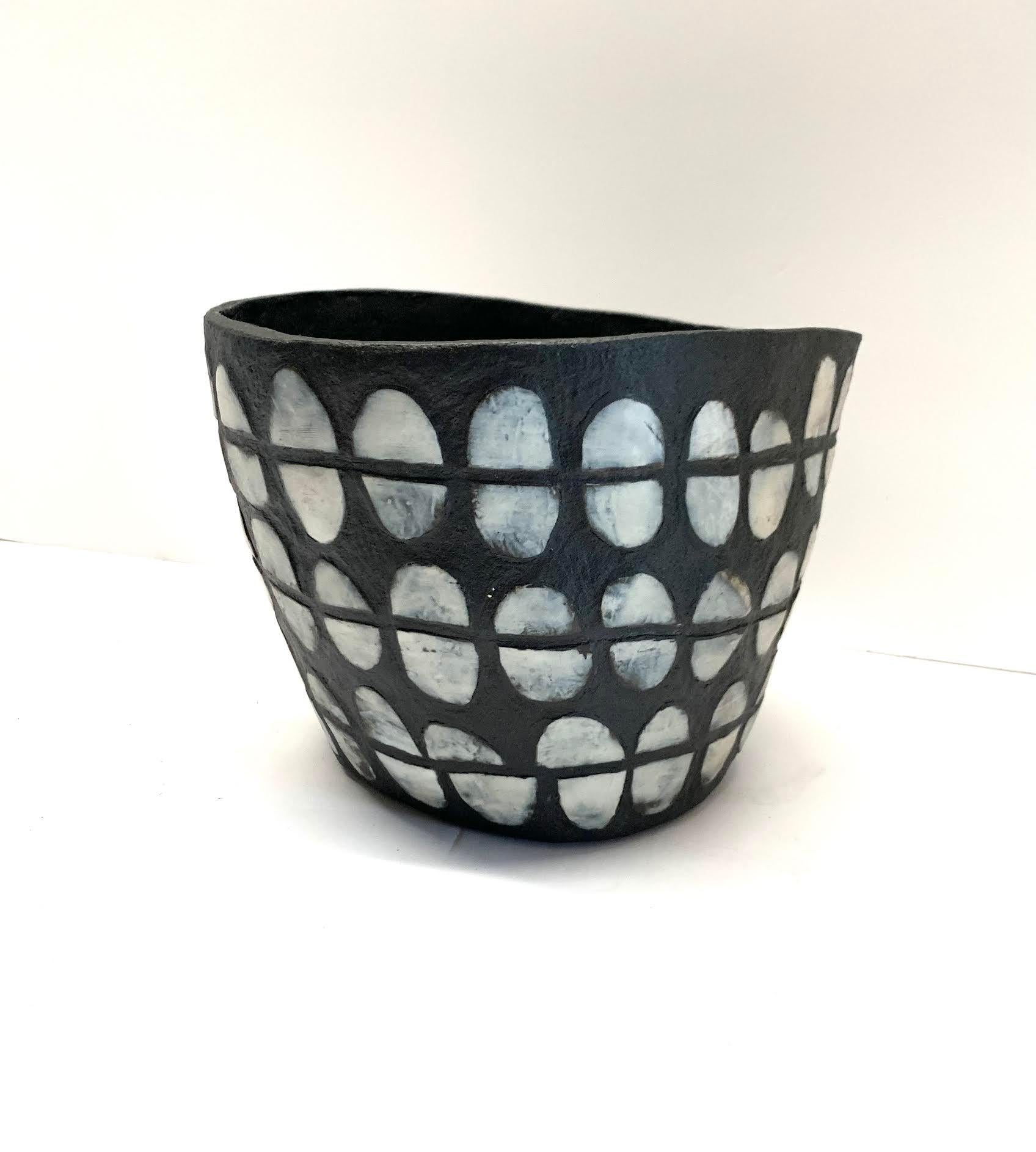 American Black & White Split Oval Design Ceramic Vase By Ceramicist Brenda Holzke, U.S.A.