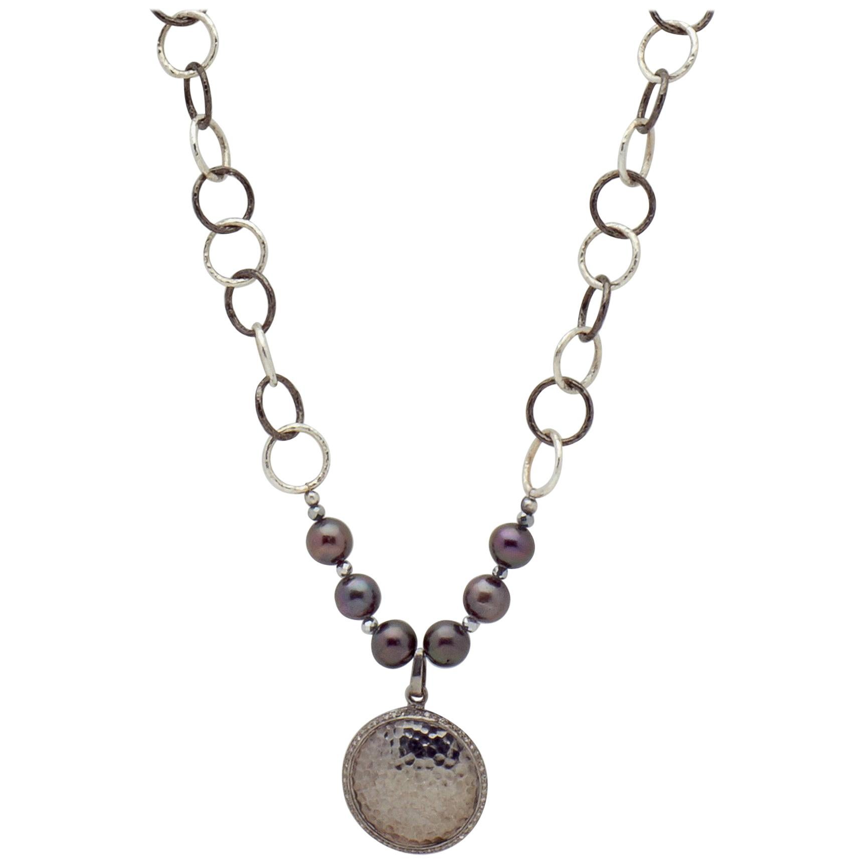 Two Tone Silver Chain Pearl Necklace w Hammered Sterling Silver Diamond Pendant