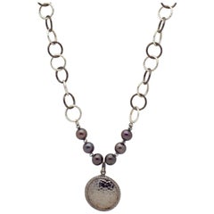 Two Tone Silver Chain Pearl Necklace w Hammered Sterling Silver Diamond Pendant