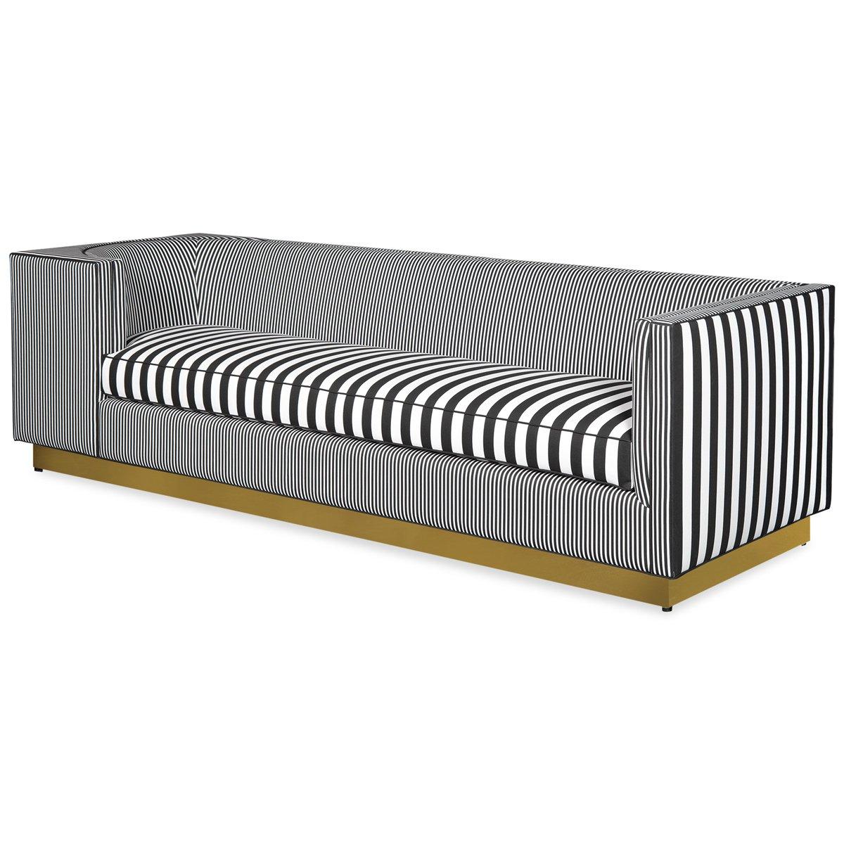 Our Goldfinger sofa in black and white stripes is artistic and sleek. It features an asymmetric interior seat with one arm beautifully curved in contrast to the other arm. Sitting atop a 4