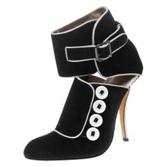 Black/White Suede and Fabric Rapacina Button Detail Booties Size 35.5