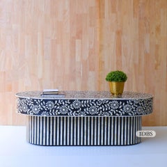Black & White Sunflower Bone Inlay Oval Coffee Table by House of Jaipur