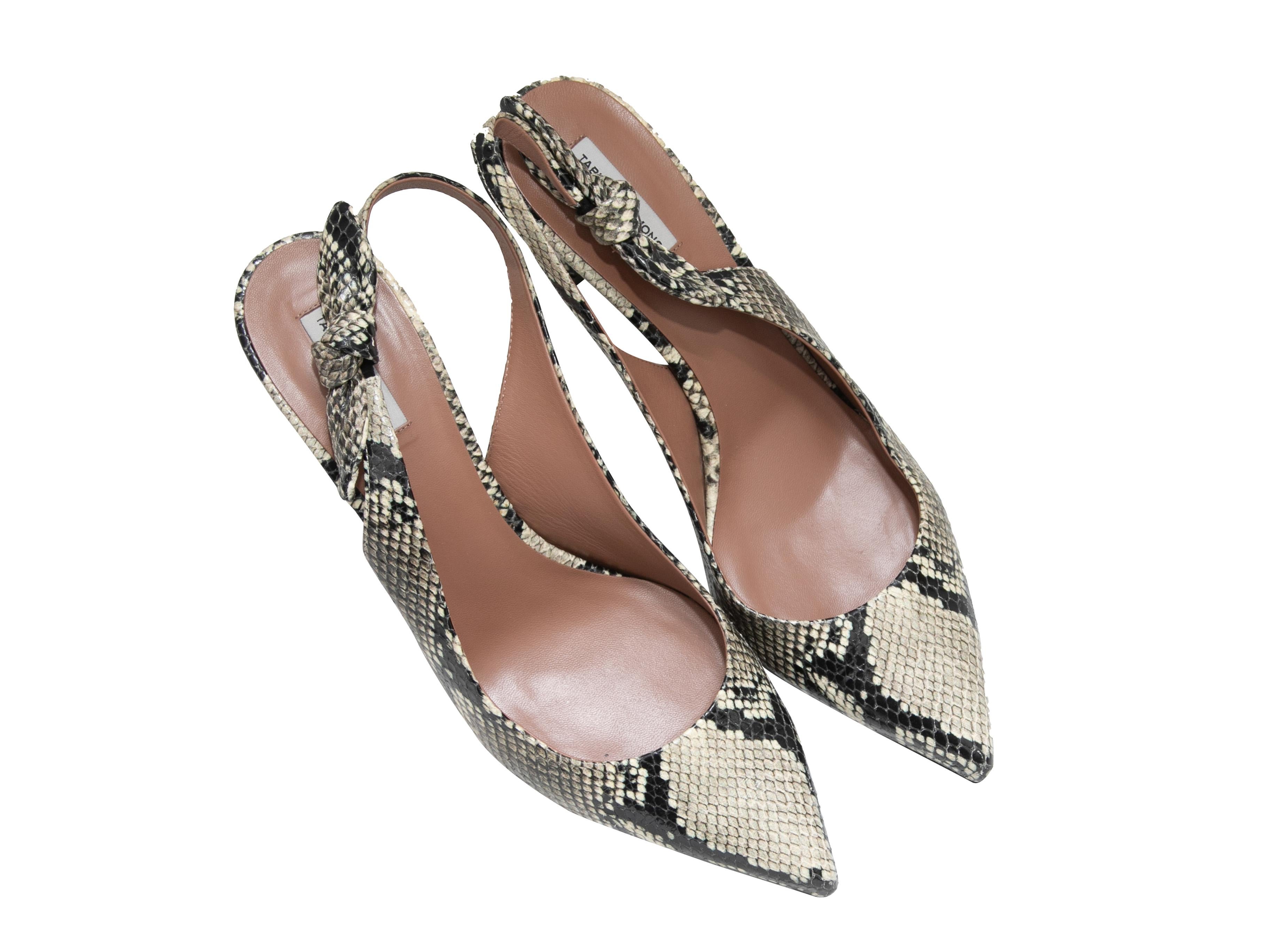 Schwarze und weiße Python-Slingback-Pumps von Tabitha Simmons mit spitzer Zehenpartie. Schleife Akzente an Riemen. 3,75
