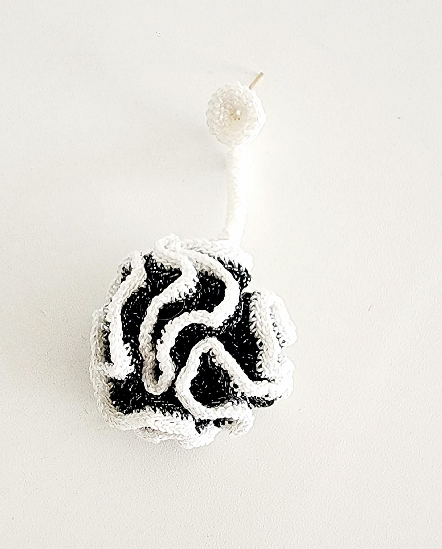 Black White Textile Asymmetrical Crochet Dangle Earrings For Sale 2