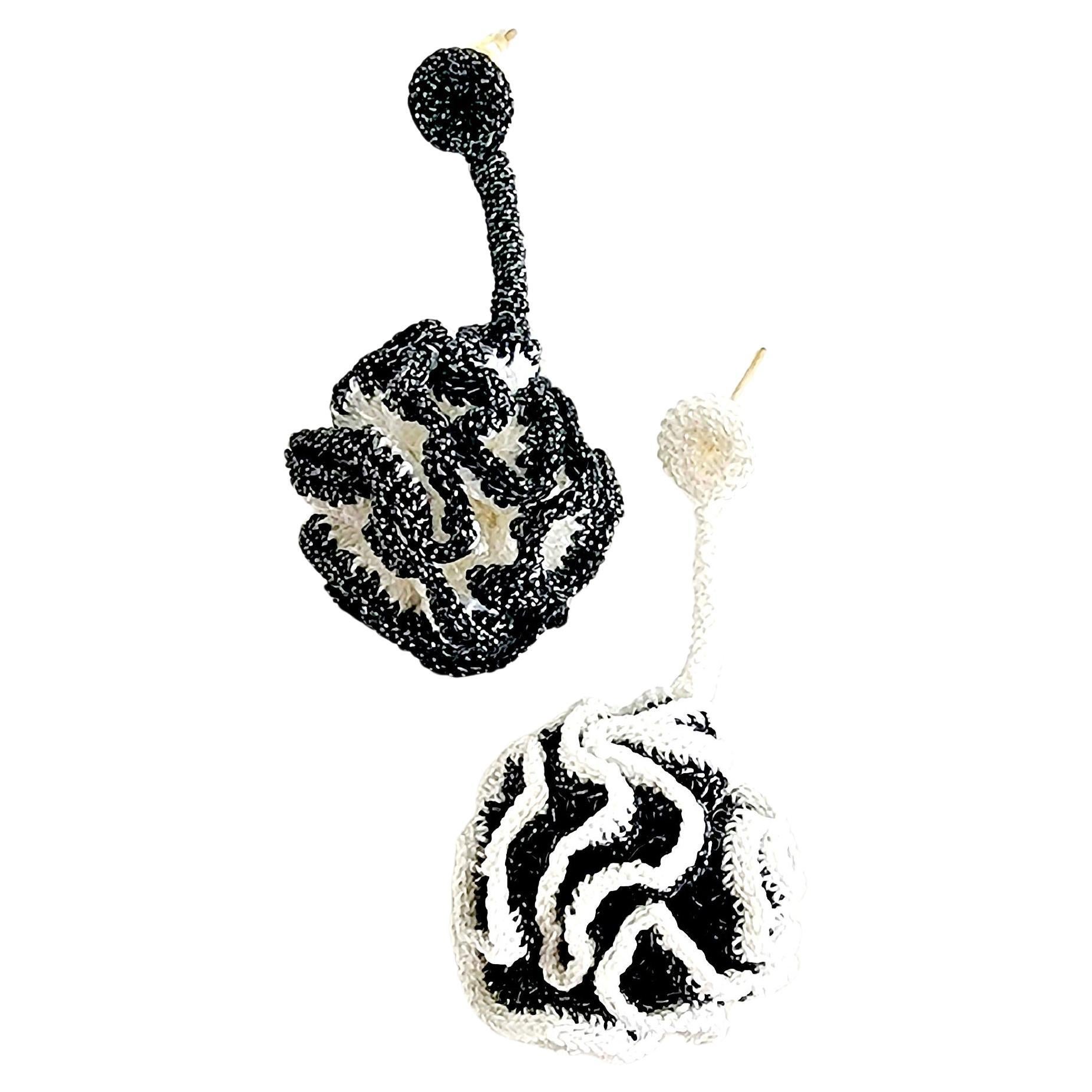 Black White Textile Asymmetrical Crochet Dangle Earrings For Sale