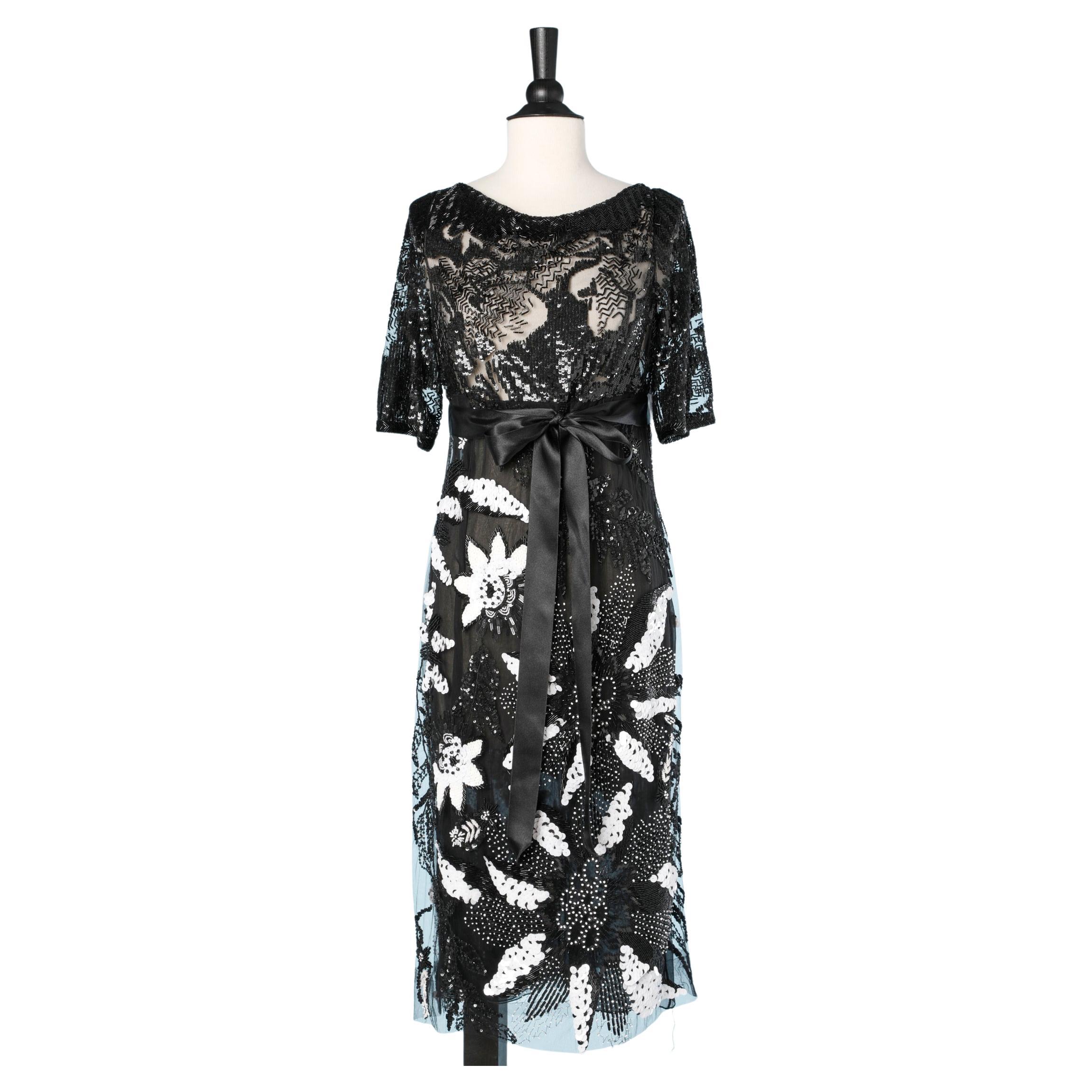 Black & white tulle fully embroidered cocktail dress Valentino  For Sale