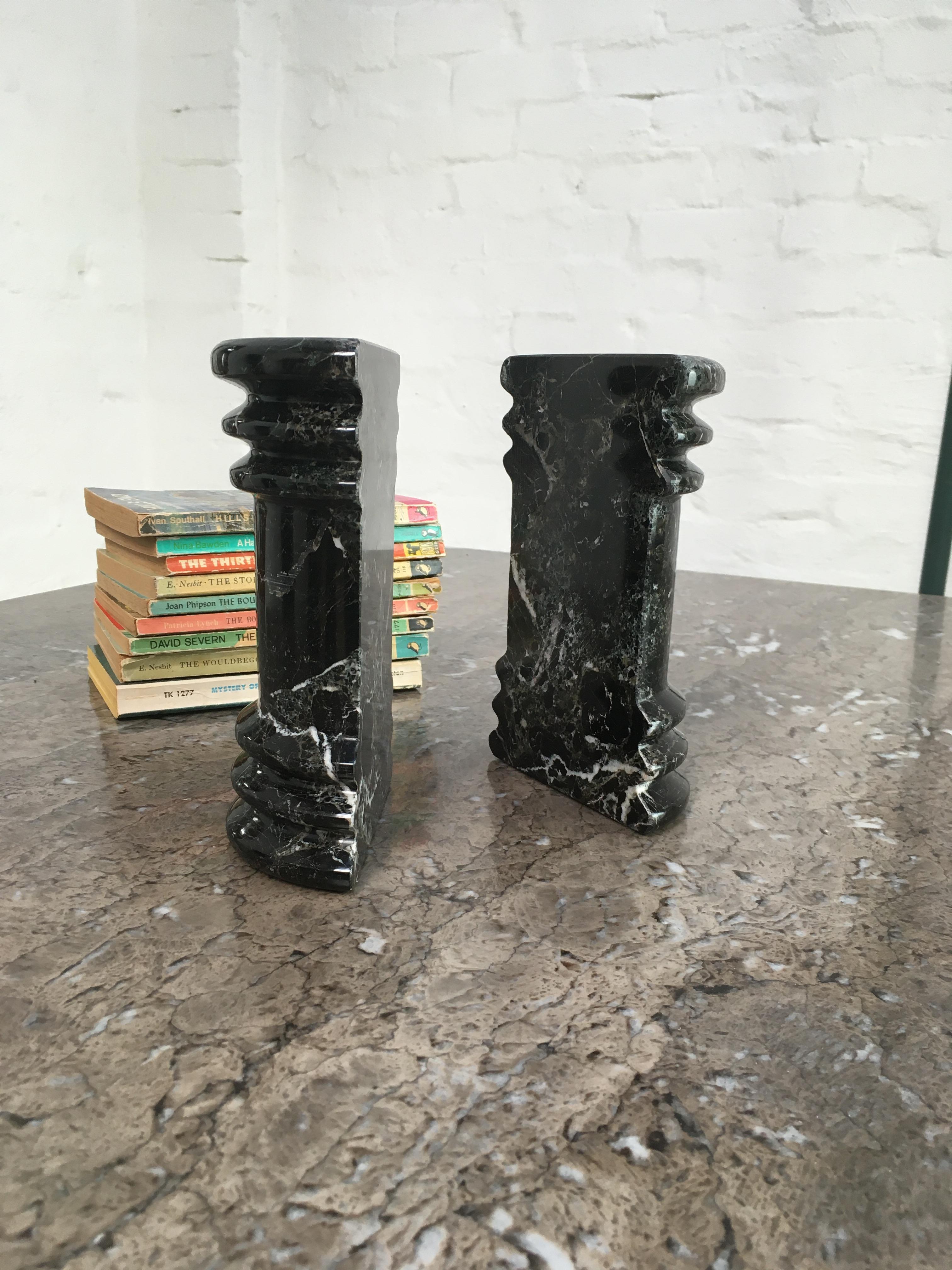 Post-Modern Black White Veined Marble Column Pedestal Bookends 1990s Postmodern Memphis