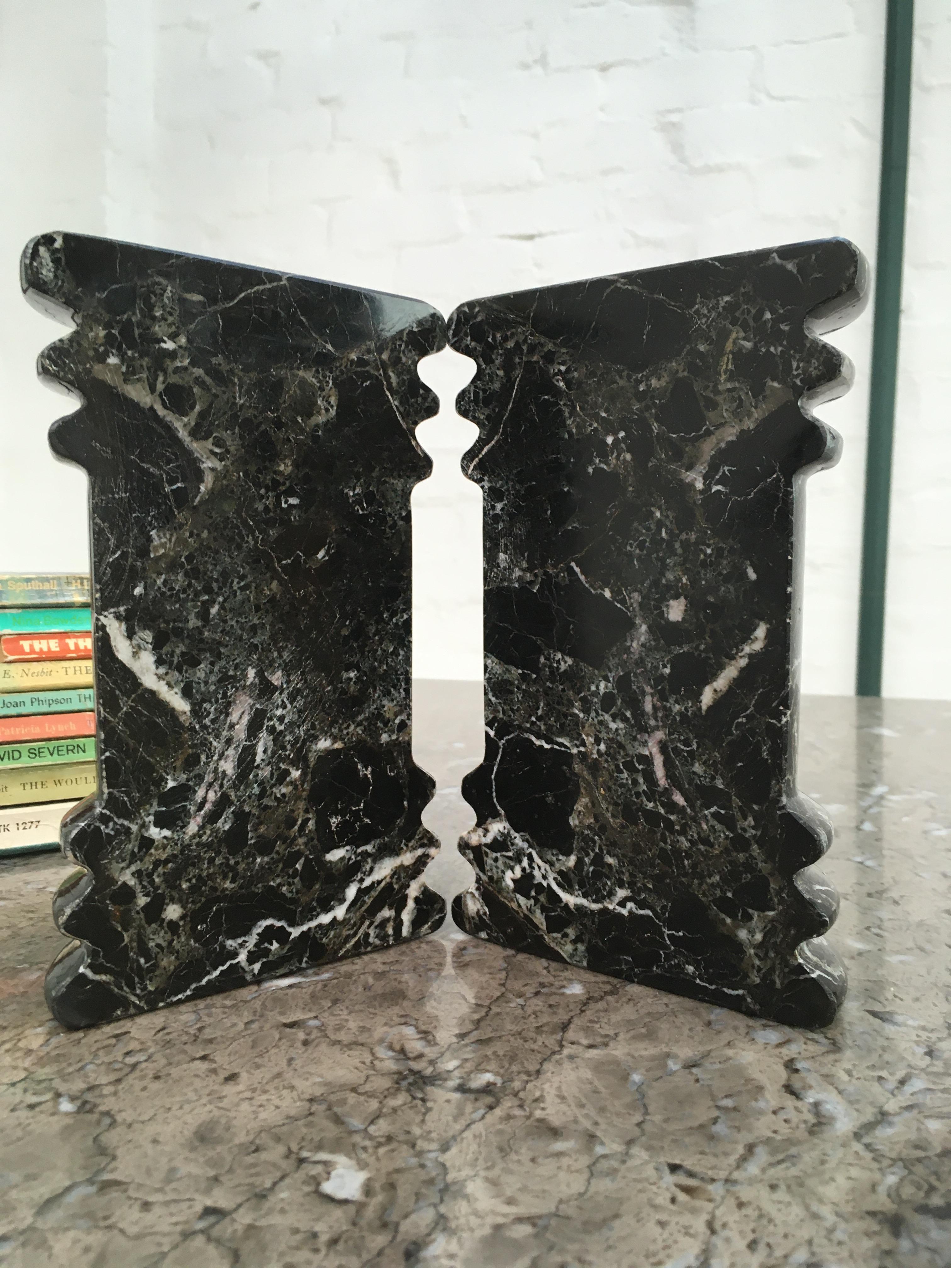 Late 20th Century Black White Veined Marble Column Pedestal Bookends 1990s Postmodern Memphis
