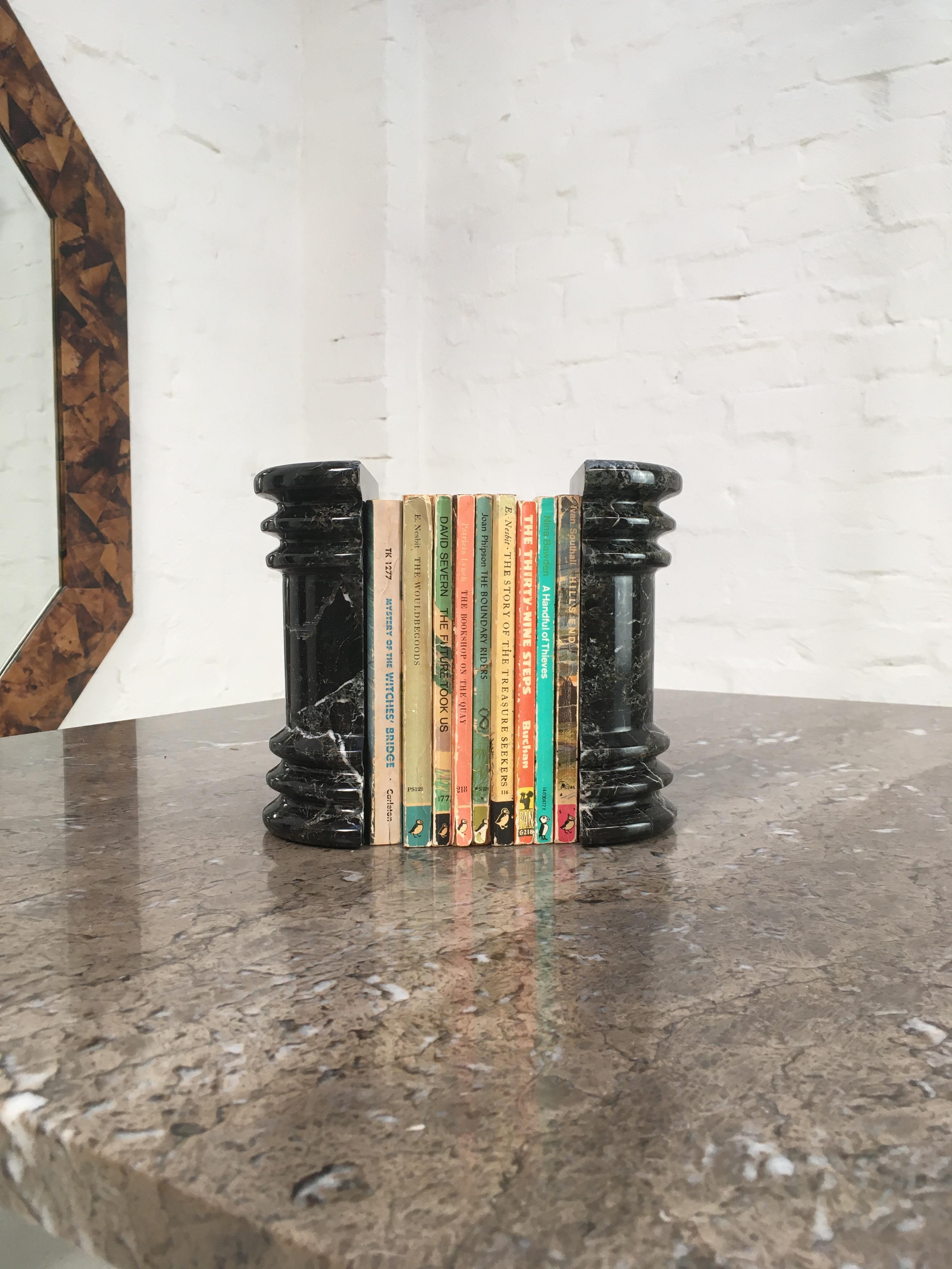 Black White Veined Marble Column Pedestal Bookends 1990s Postmodern Memphis 2