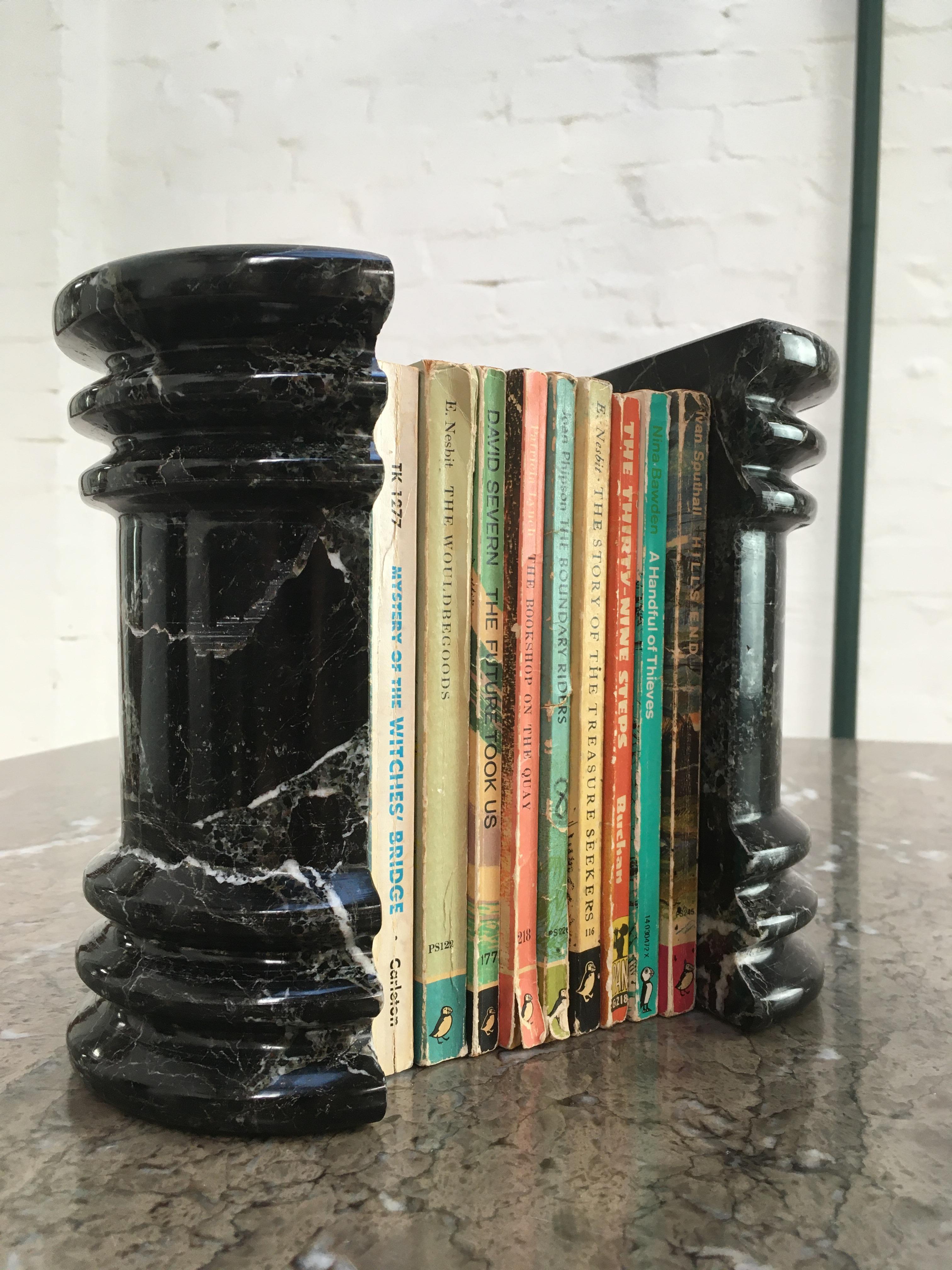 Black White Veined Marble Column Pedestal Bookends 1990s Postmodern Memphis 3