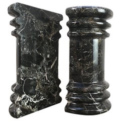 Black White Veined Marble Column Pedestal Bookends 1990s Postmodern Memphis