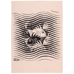 Black & White Vintage Maurits Escher Designed Scandinavian Rug. Size:5' 7" x 8'