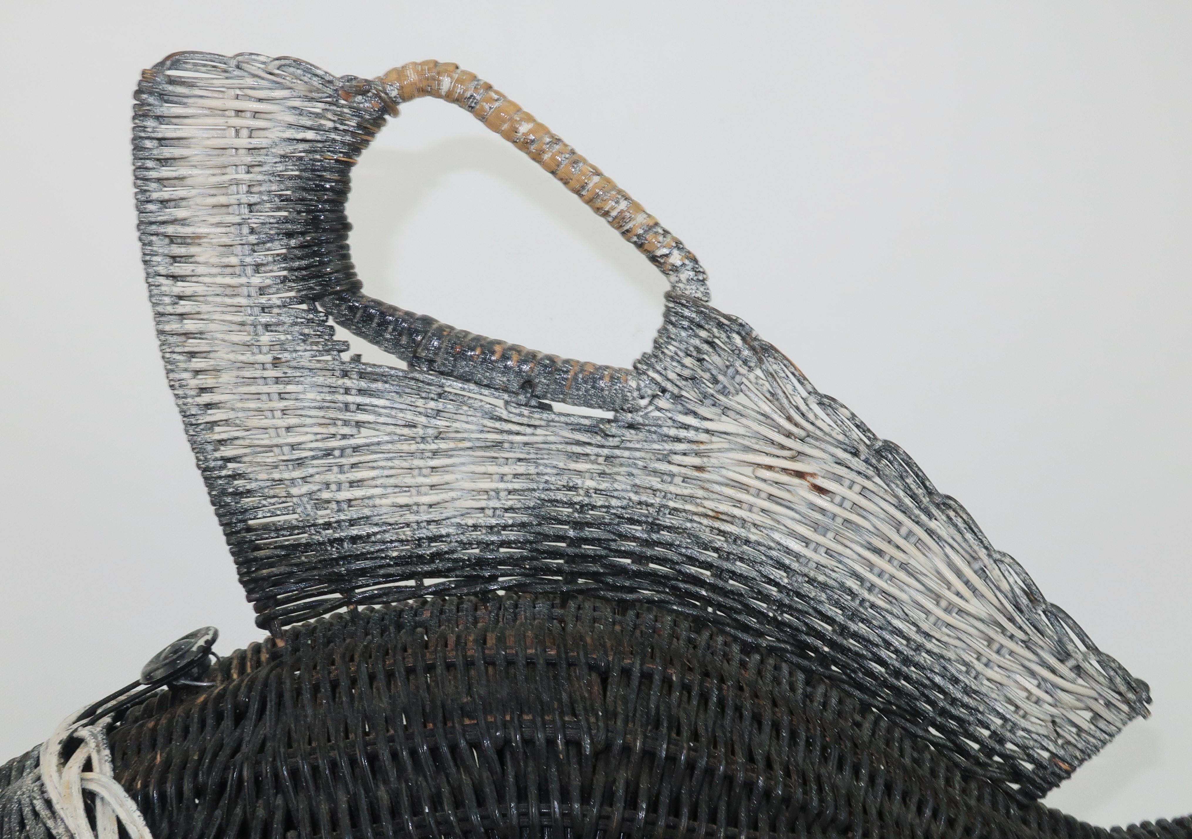 Women's Black & White Wicker Novelty Fish Handbag, 1950’s