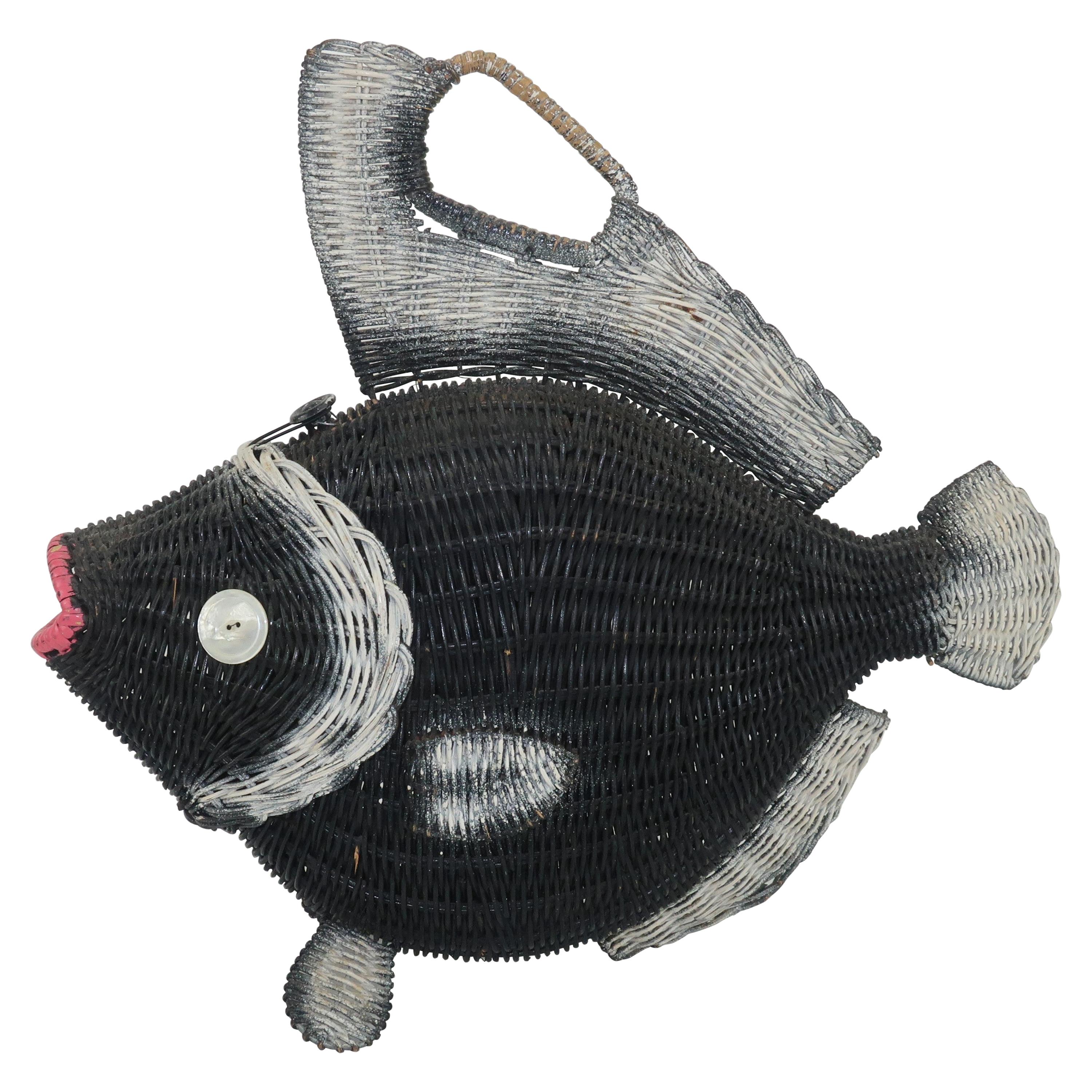 Black & White Wicker Novelty Fish Handbag, 1950’s