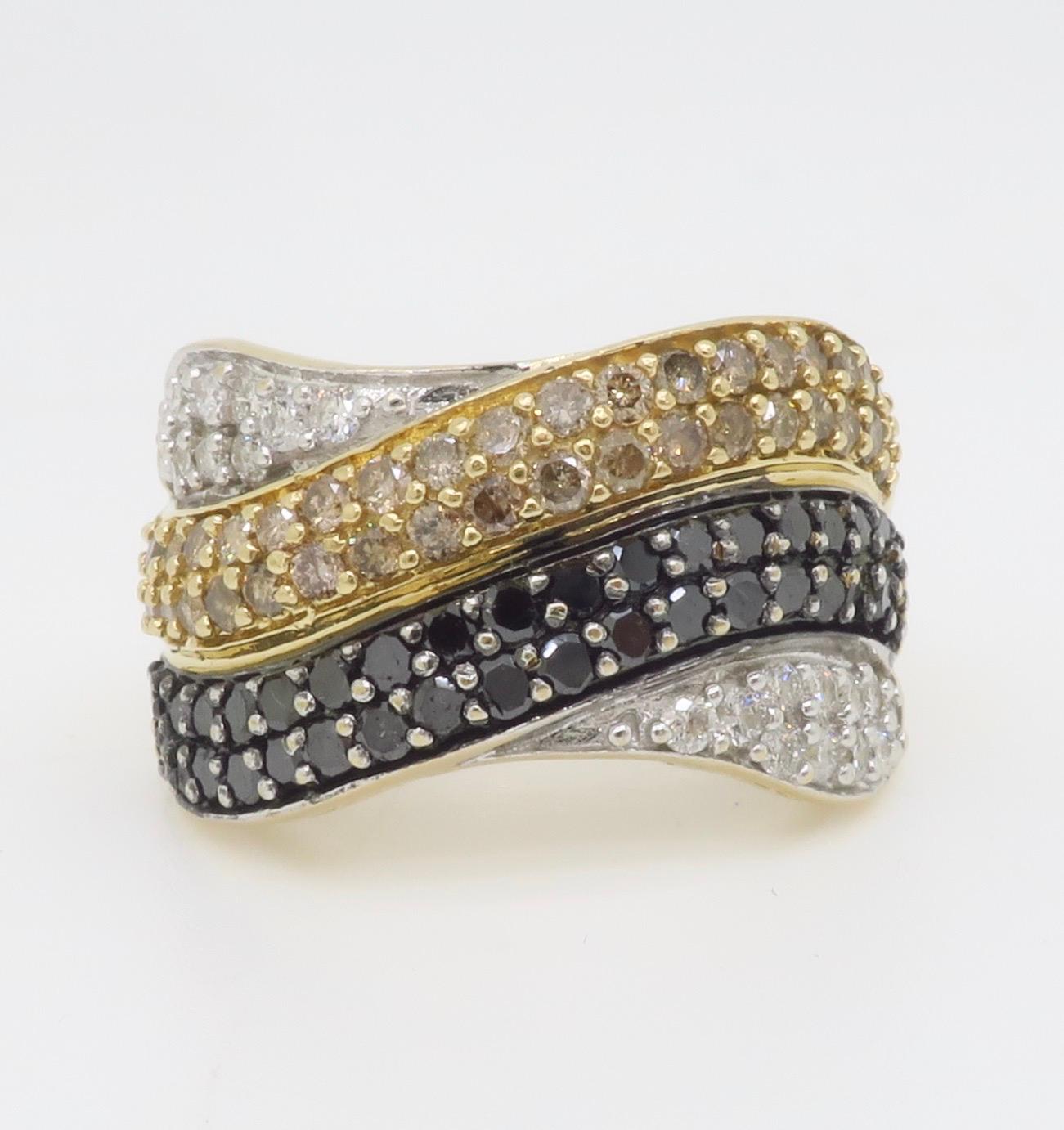 Black, White, & Yellow Diamond Crossover Ring For Sale 9