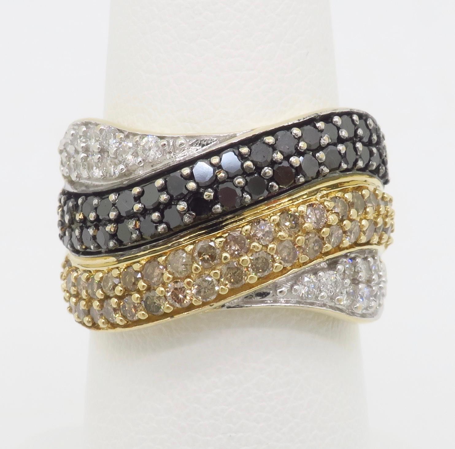 Round Cut Black, White, & Yellow Diamond Crossover Ring For Sale