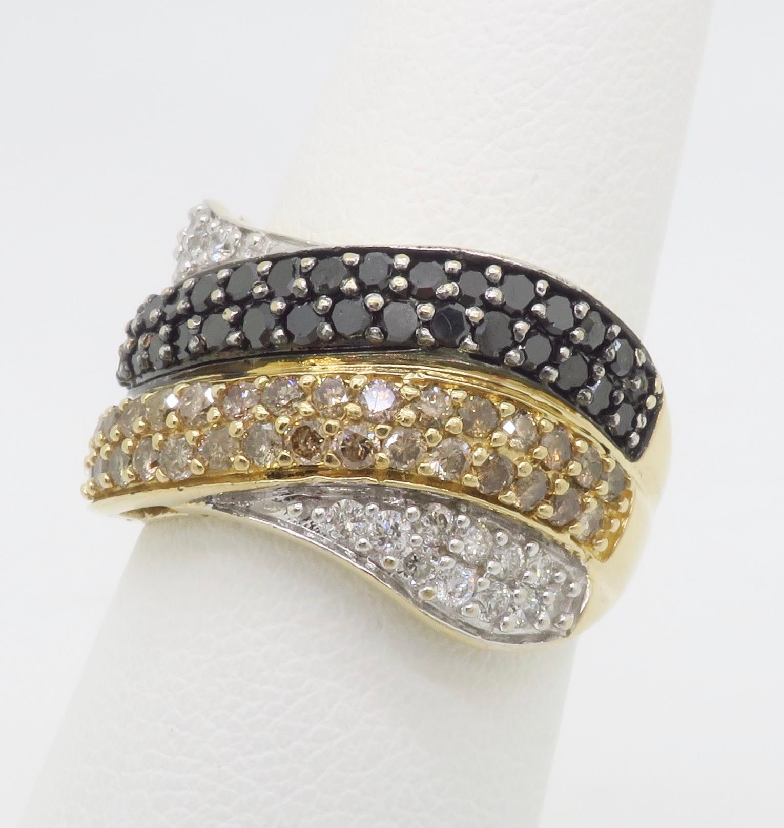 Black, White, & Yellow Diamond Crossover Ring In Excellent Condition For Sale In Webster, NY
