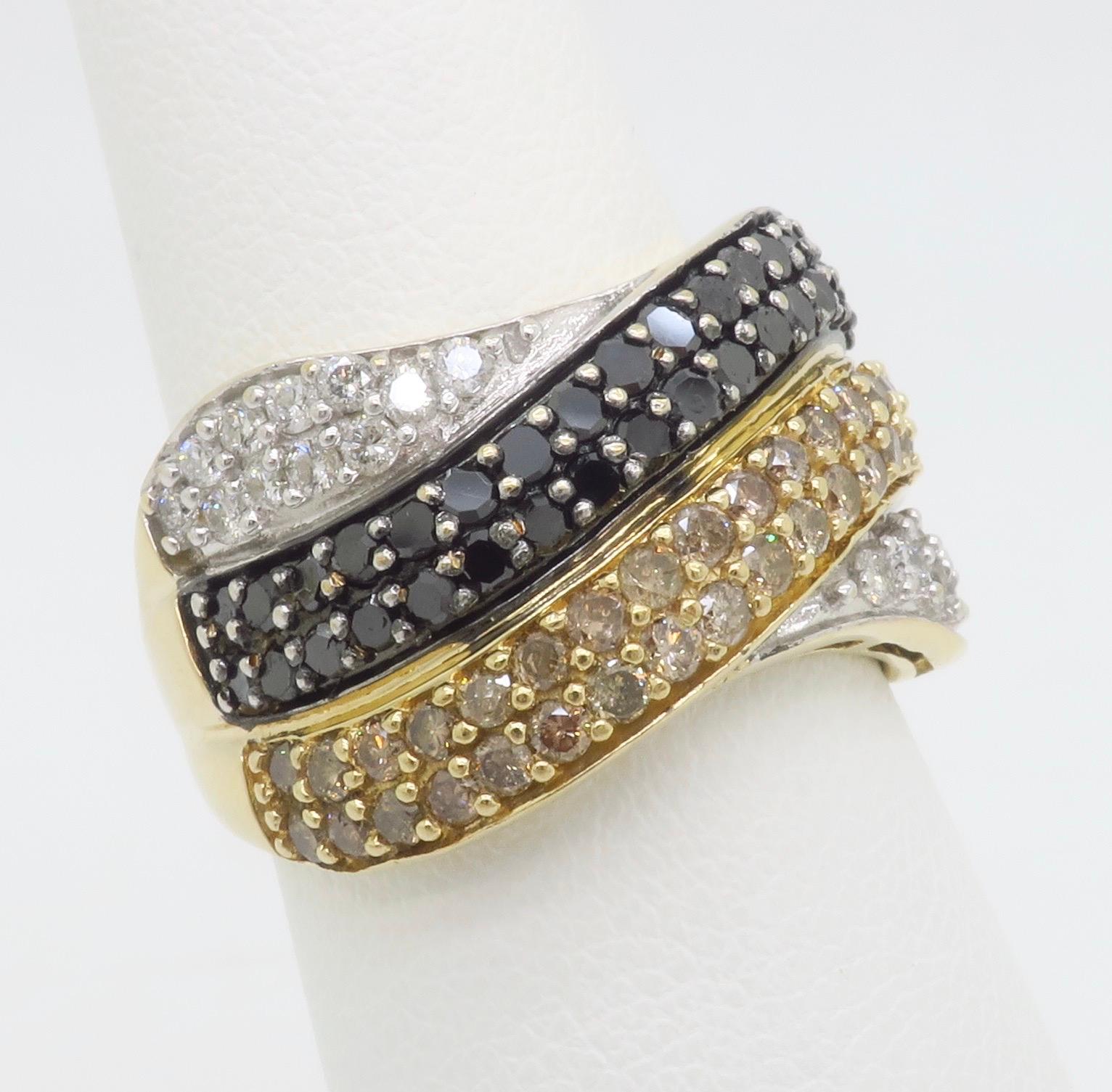 Women's Black, White, & Yellow Diamond Crossover Ring For Sale