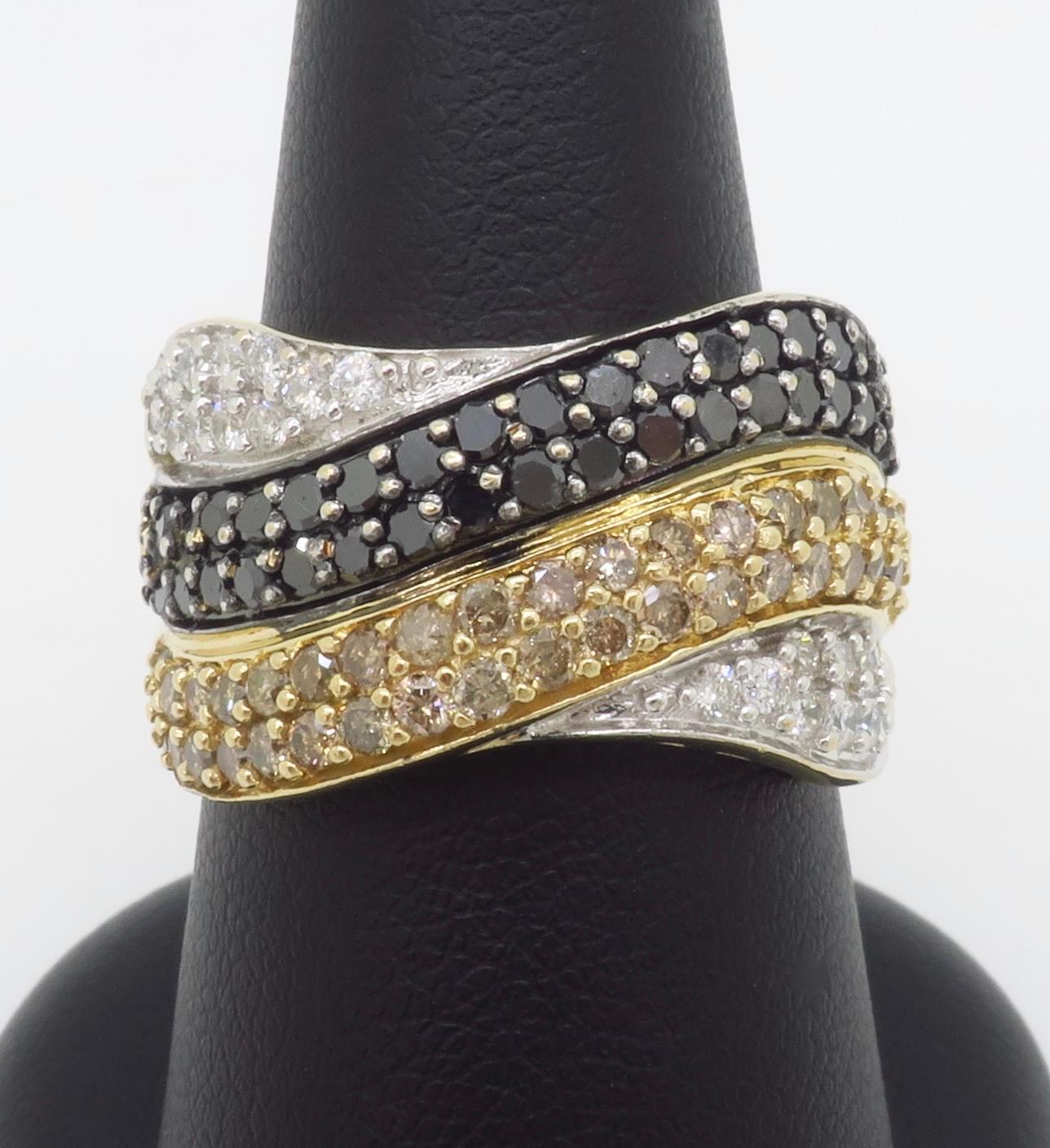 Black, White, & Yellow Diamond Crossover Ring For Sale 1