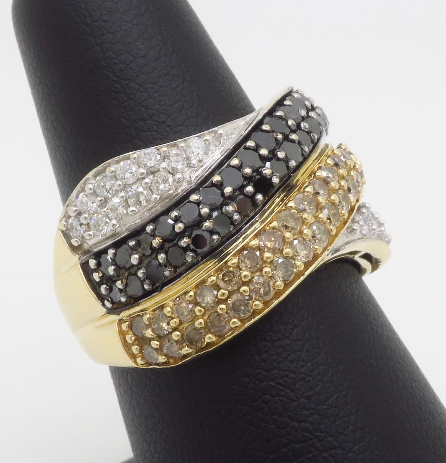 Black, White, & Yellow Diamond Crossover Ring For Sale 2