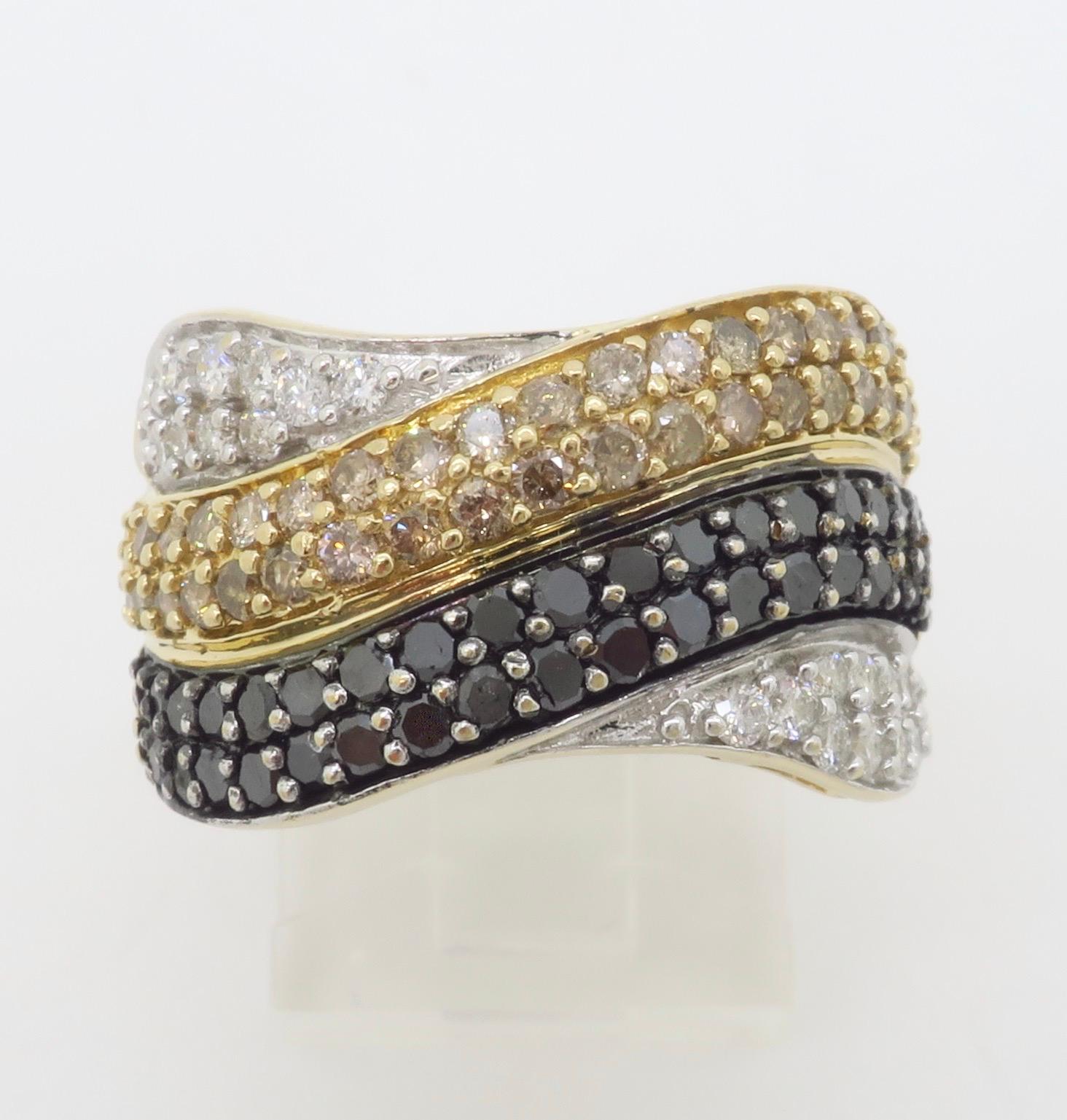 Black, White, & Yellow Diamond Crossover Ring For Sale 3