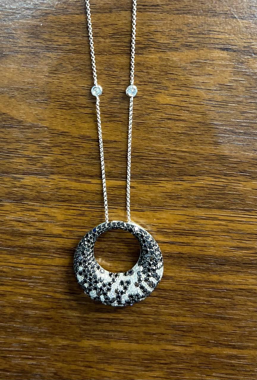 Mixed Cut Black & White Zebra Diamonds Pave Set Moon Night Sky White Gold Pendant Neckace For Sale