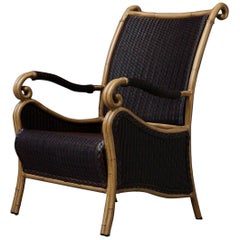 Black Wicker Armchair with Painted Faux Bamboo Wood Frame by Ebel