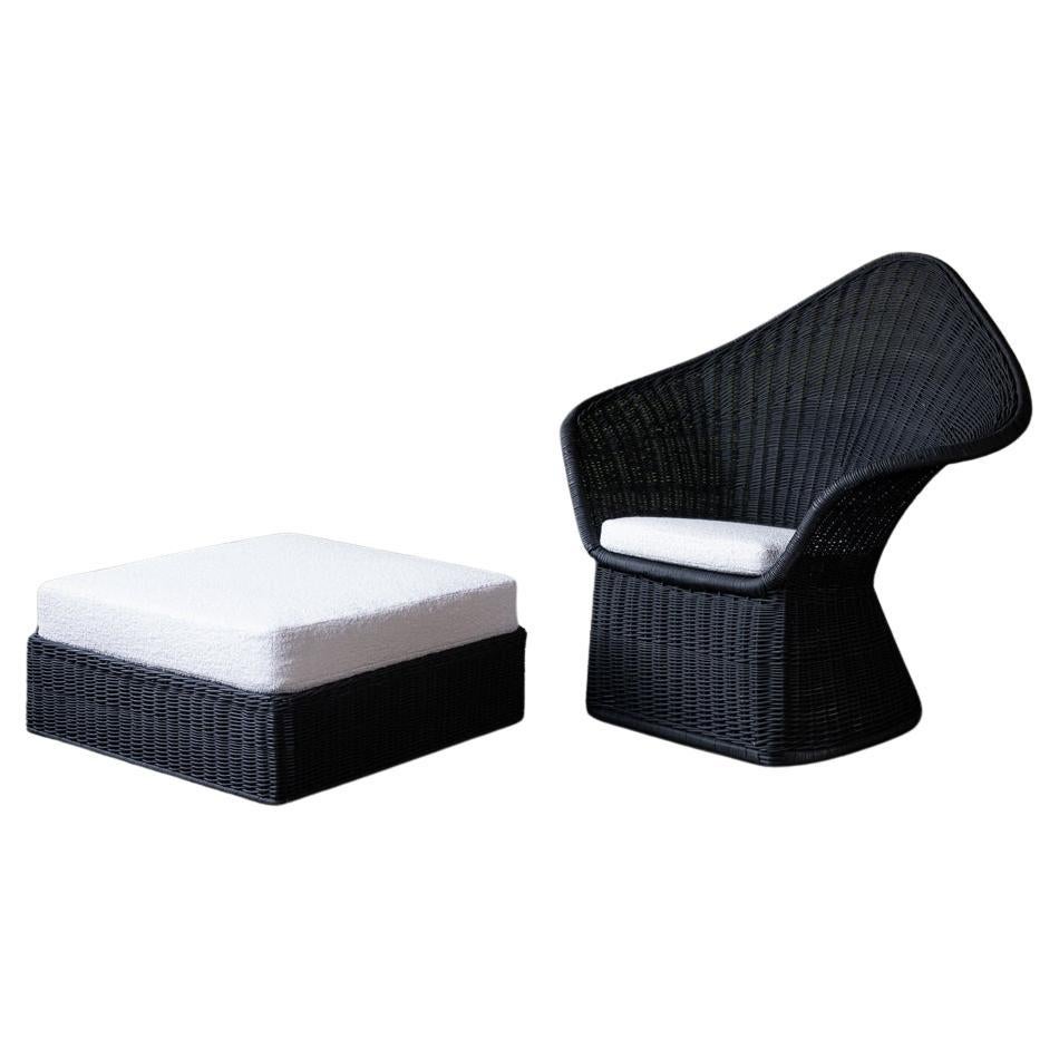 Black Wicker Chair and Ottoman