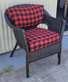 Black Wicker Chair W/ Buck Plaid Seat Cushions