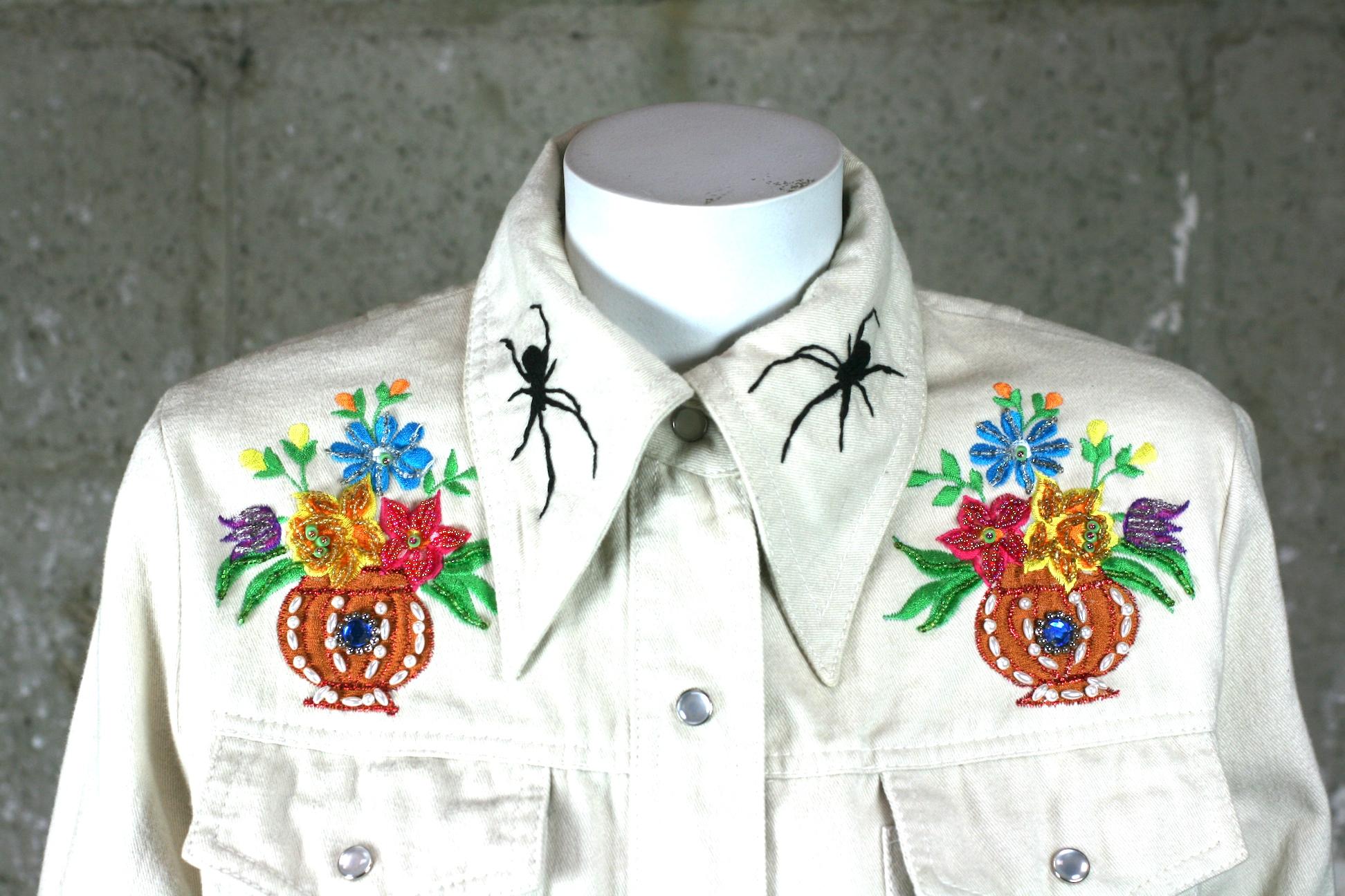 Black Widow Embroidered Cotton Shirt, Upcycled by Studio VL In Excellent Condition For Sale In New York, NY
