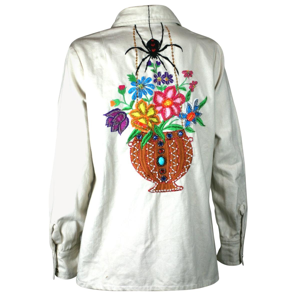 Black Widow Embroidered Cotton Shirt, Upcycled by Studio VL For Sale