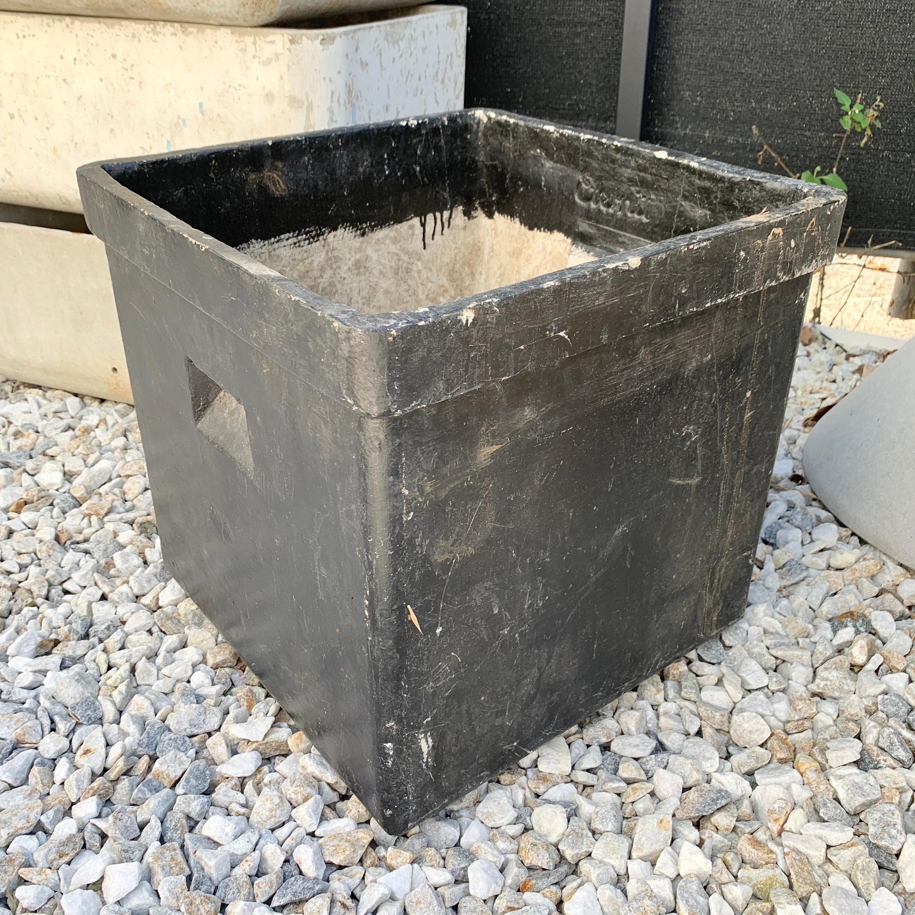 Set of black square planters by Willy Guhl for Eternit. Stamped Eternit on the inside of both planters. Indented handle on two sides. Great vintage condition. Two available. Priced individually. 

  