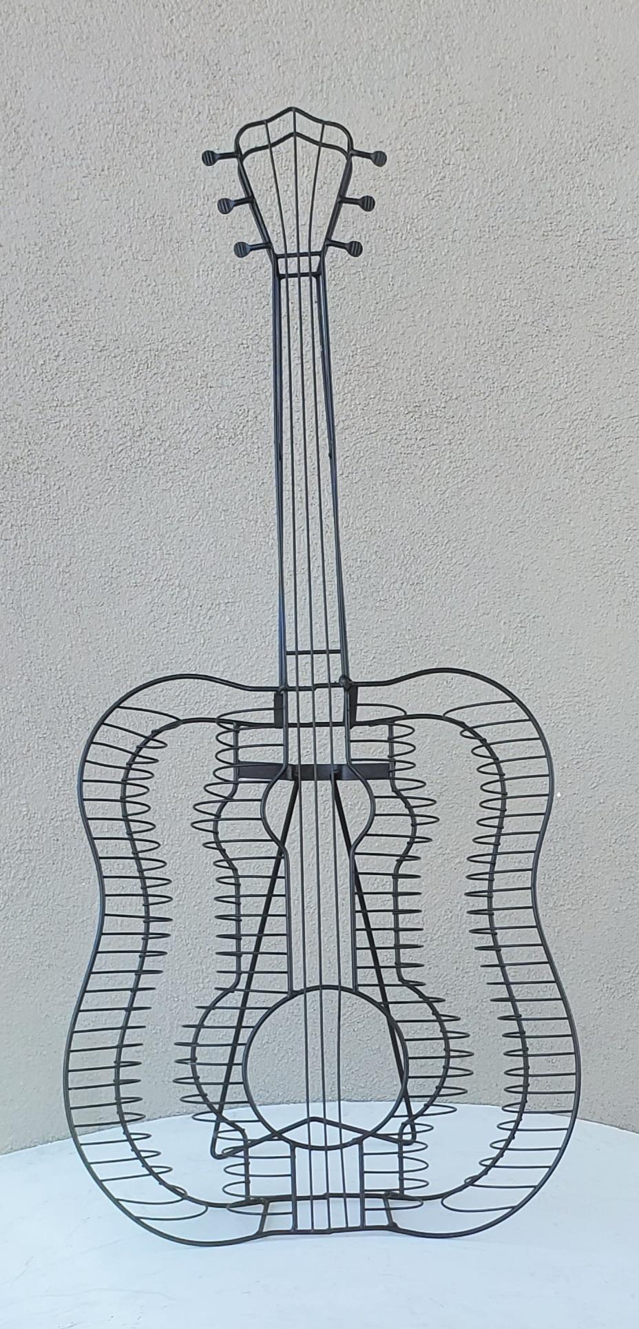 Mid-Century Modern Black Wire Sculpture Of A Guitar In The Style of Frederic Weinberg