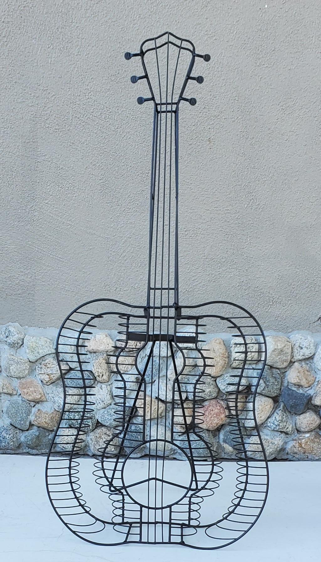 Metal Black Wire Sculpture Of A Guitar In The Style of Frederic Weinberg