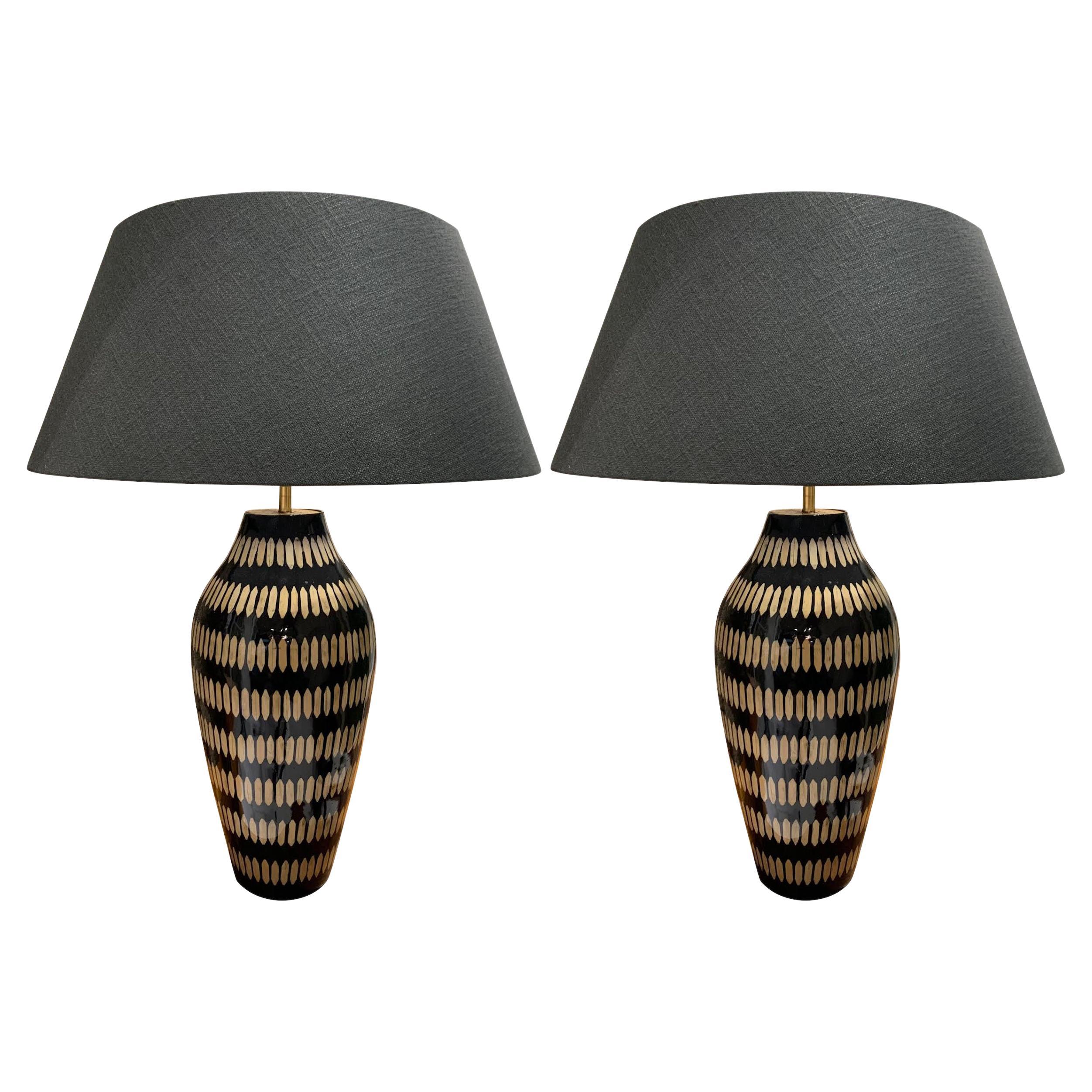 Black With Cream Lacquered Bamboo Pair Table Lamps, China, Contemporary For Sale