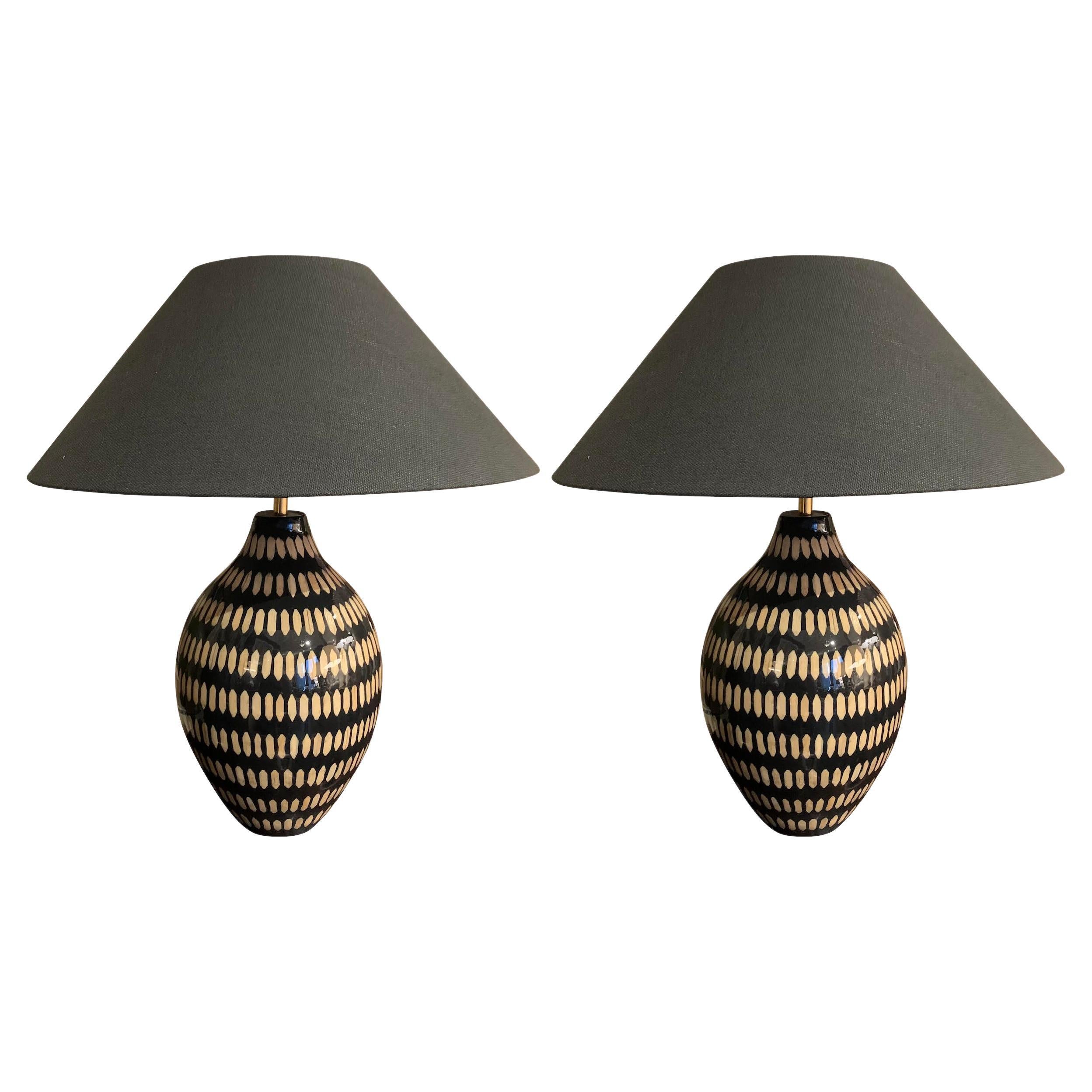 Black With Cream Lacquered Bamboo Pair Table Lamps, China, Contemporary