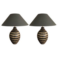 Vintage Black With Cream Lacquered Bamboo Pair Table Lamps, China, Contemporary