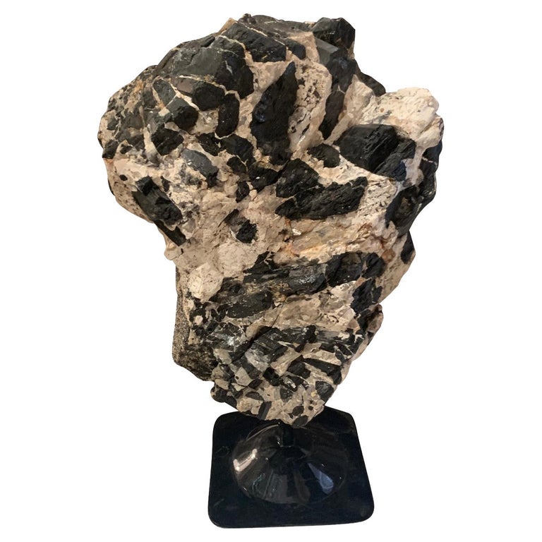 Black with Cream Tourmaline Stone Sculpture on Stand, Brazil, Prehistoric For Sale