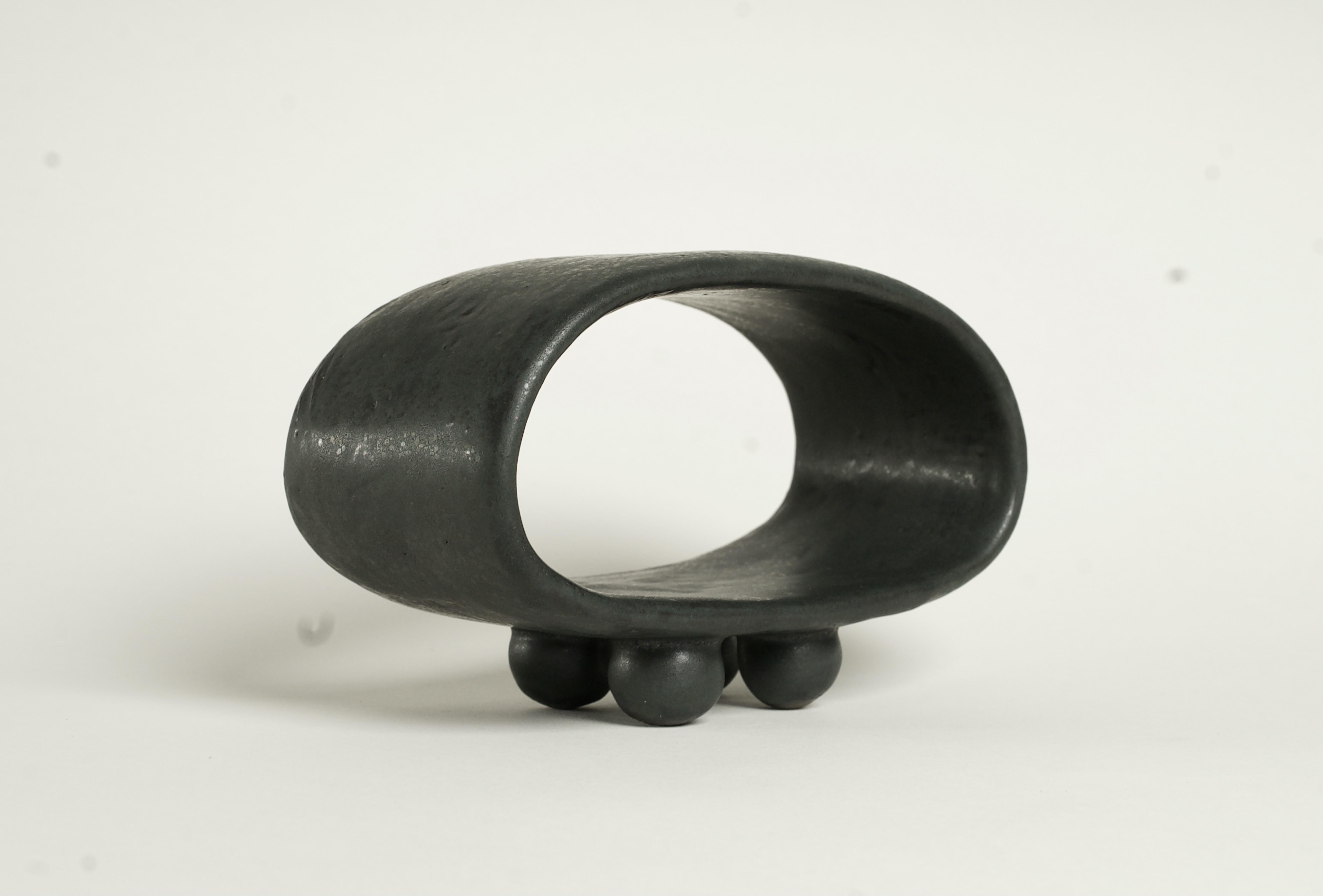 American Black with Dark Green Undertones Hollow Ceramic Sculpture Ball Feet, Hand Built For Sale
