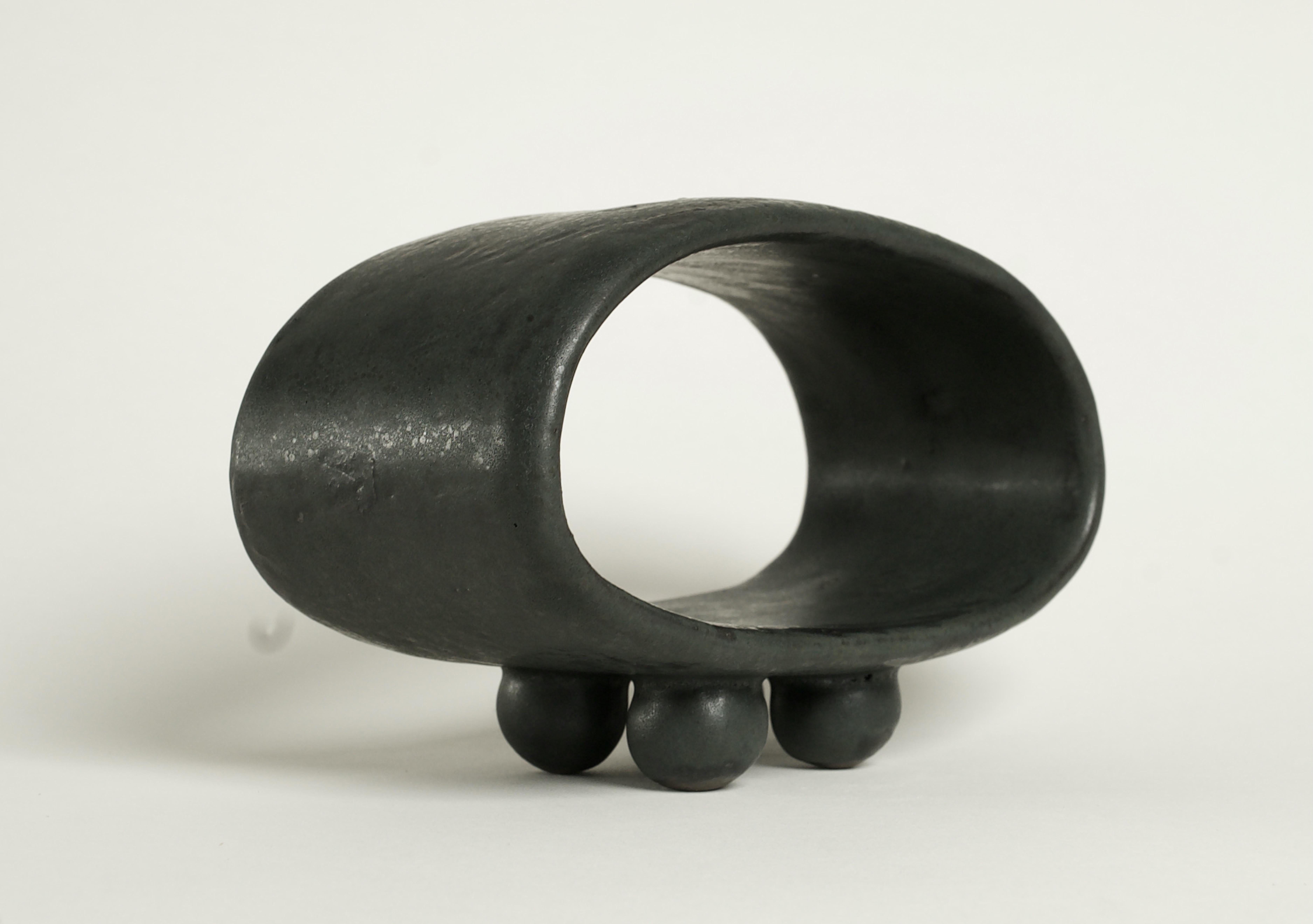 Black with Dark Green Undertones Hollow Ceramic Sculpture Ball Feet, Hand Built For Sale 2