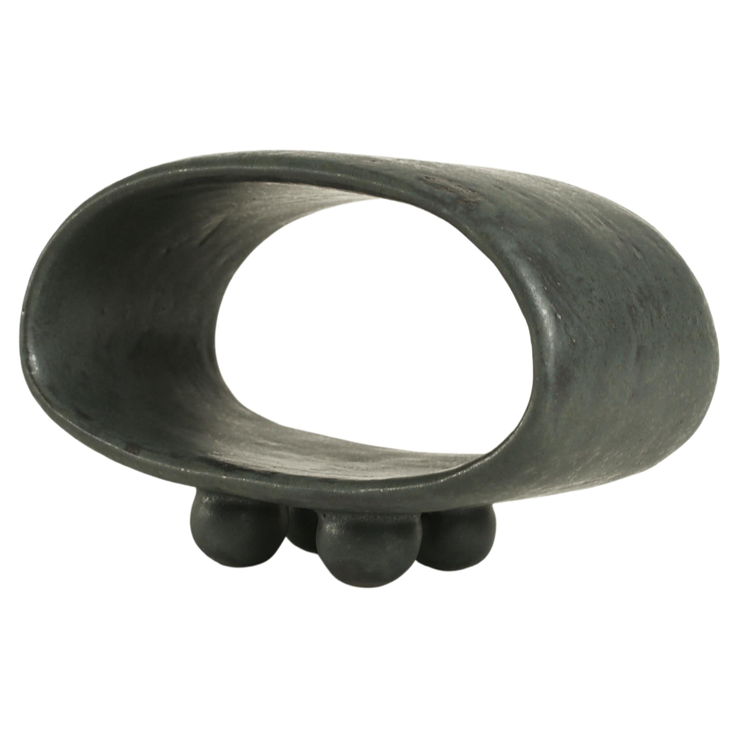 American Black with Dark Green Undertones Hollow Ceramic Sculpture Ball Feet, Hand Built For Sale
