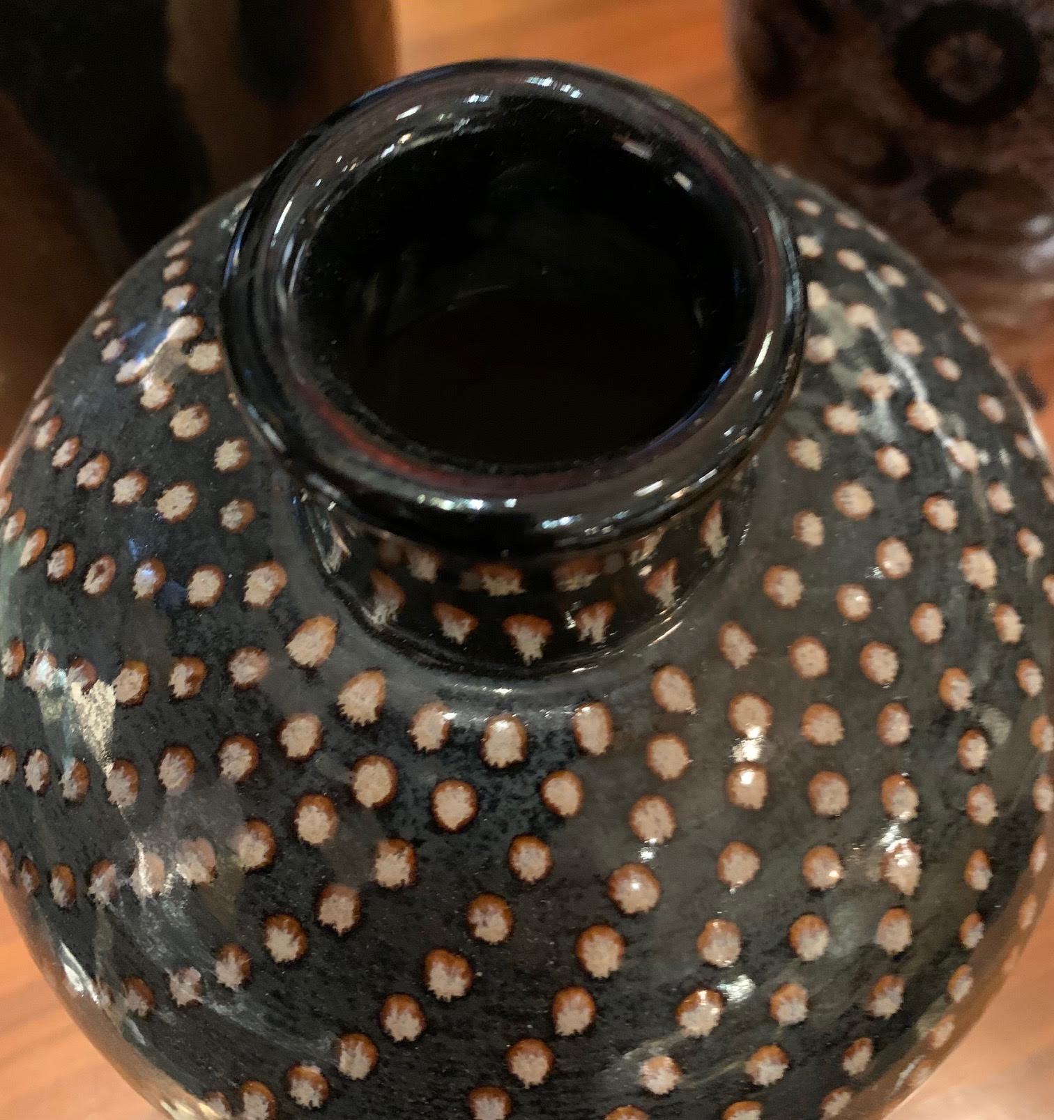 Chinese Black with Diagonal Hand Painted Cream Dots Design, China, Contemporary For Sale