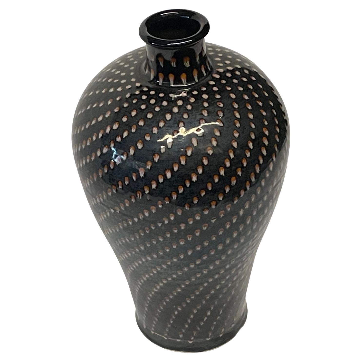 Black with Diagonal Hand Painted Cream Dots Design, China, Contemporary For Sale