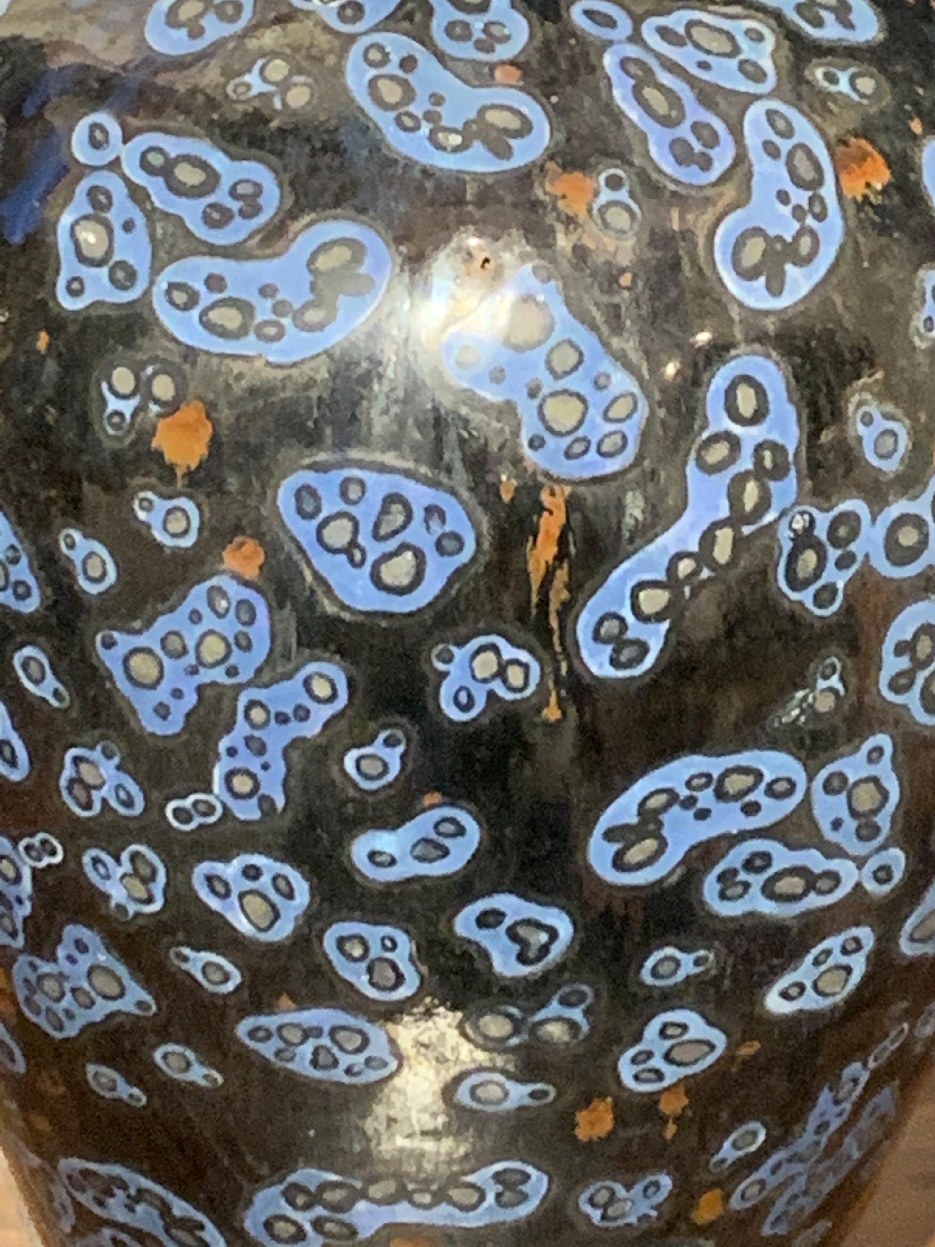 Ceramic Black with Royal Blue Squiggle Design Vase, China, Contemporary
