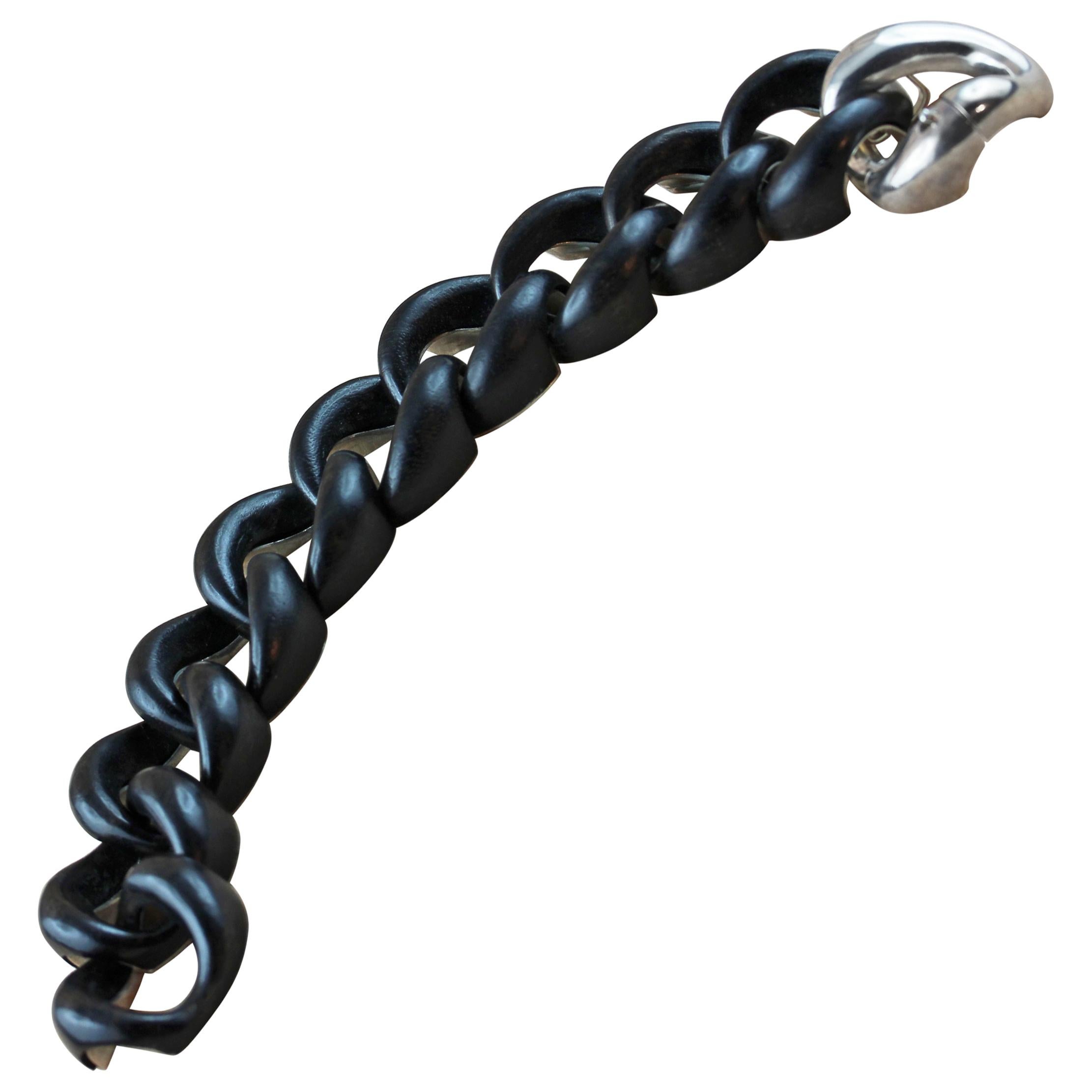 Black Wood 925 Silver Link Bracelet For Sale